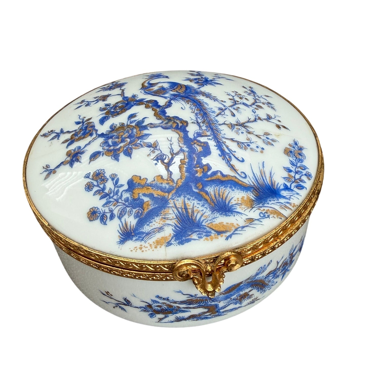 Limoges France Blue, White, Gold Peacock 4" Round Hinged Trinket / Jewelry Box