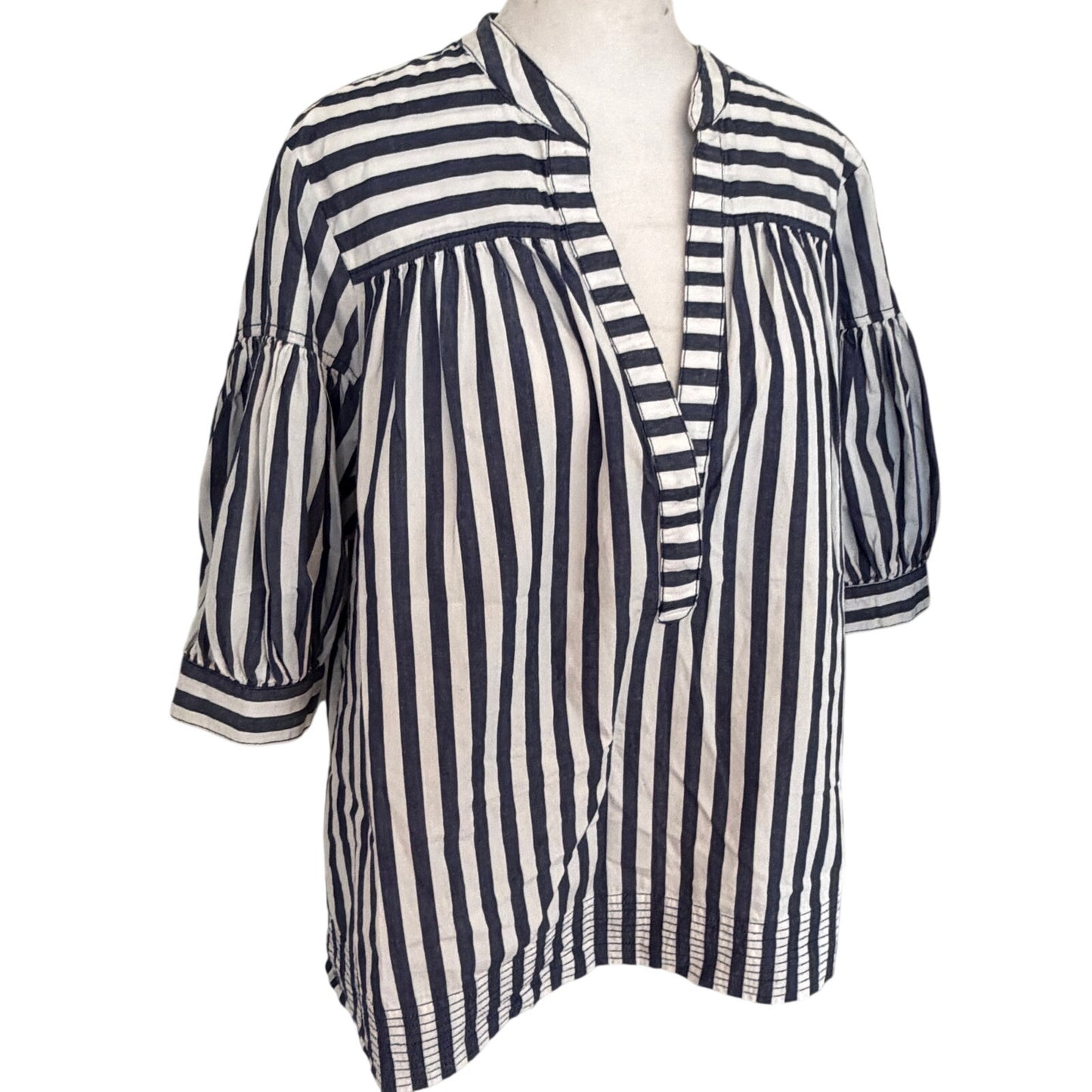 Anthropologie Blue and White Striped Puff Sleeve Top Womens Size Large
