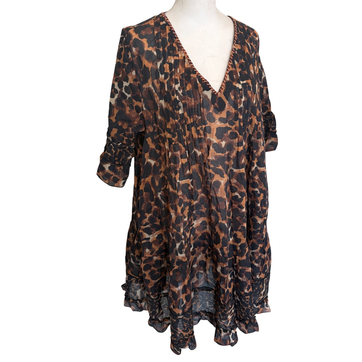 Anthropologie Duet Brown Black Animal Print Dress Coverup Womens Size Large