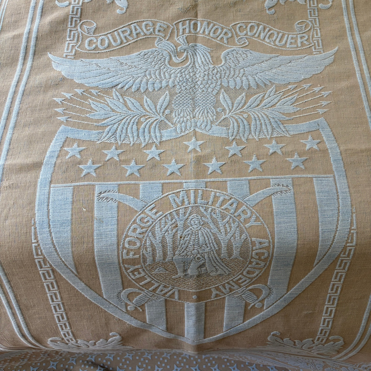 Vintage Monument Mills Valley Forge Military Academy Blue/Tan Coverlet 61" x 88"