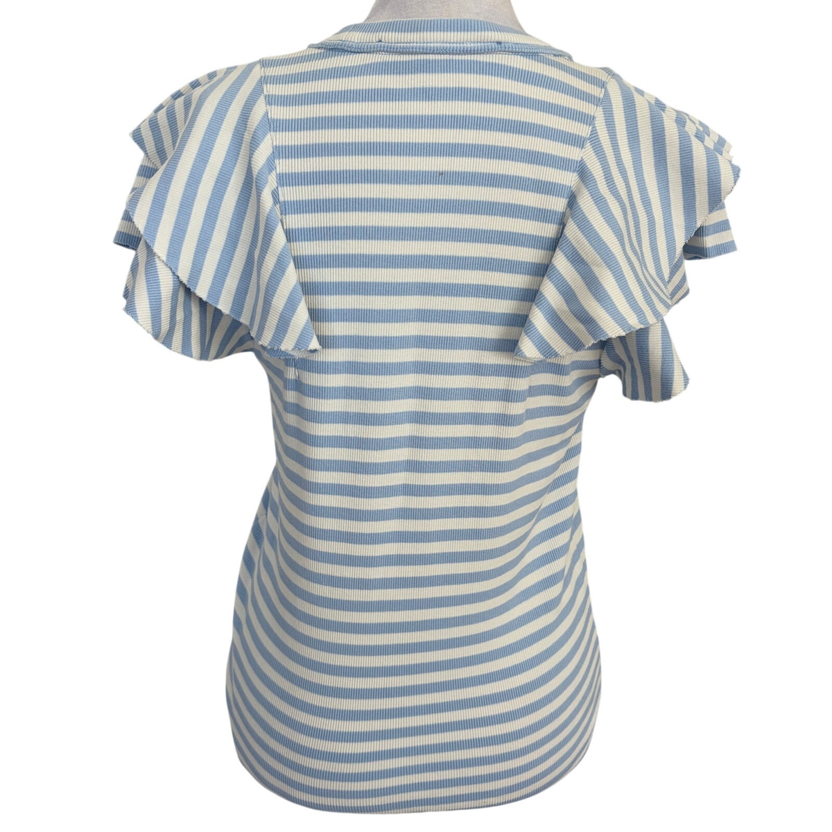 Veronica Beard Light Blue & White Striped Ruffled T-Shirt Top Women Size Small