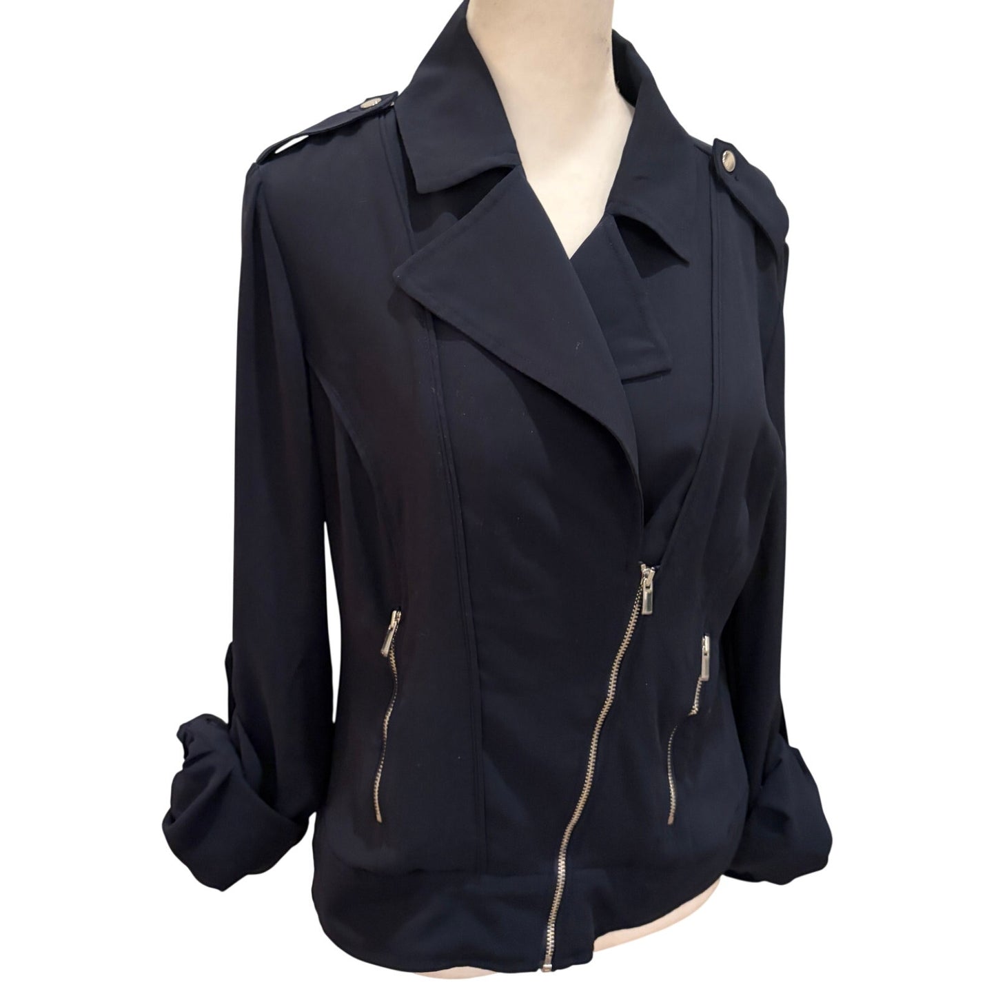 Cache Navy Blue Long Sleeve Full Zip Long Sleeve Blouse Blazer Top Womens Size 6