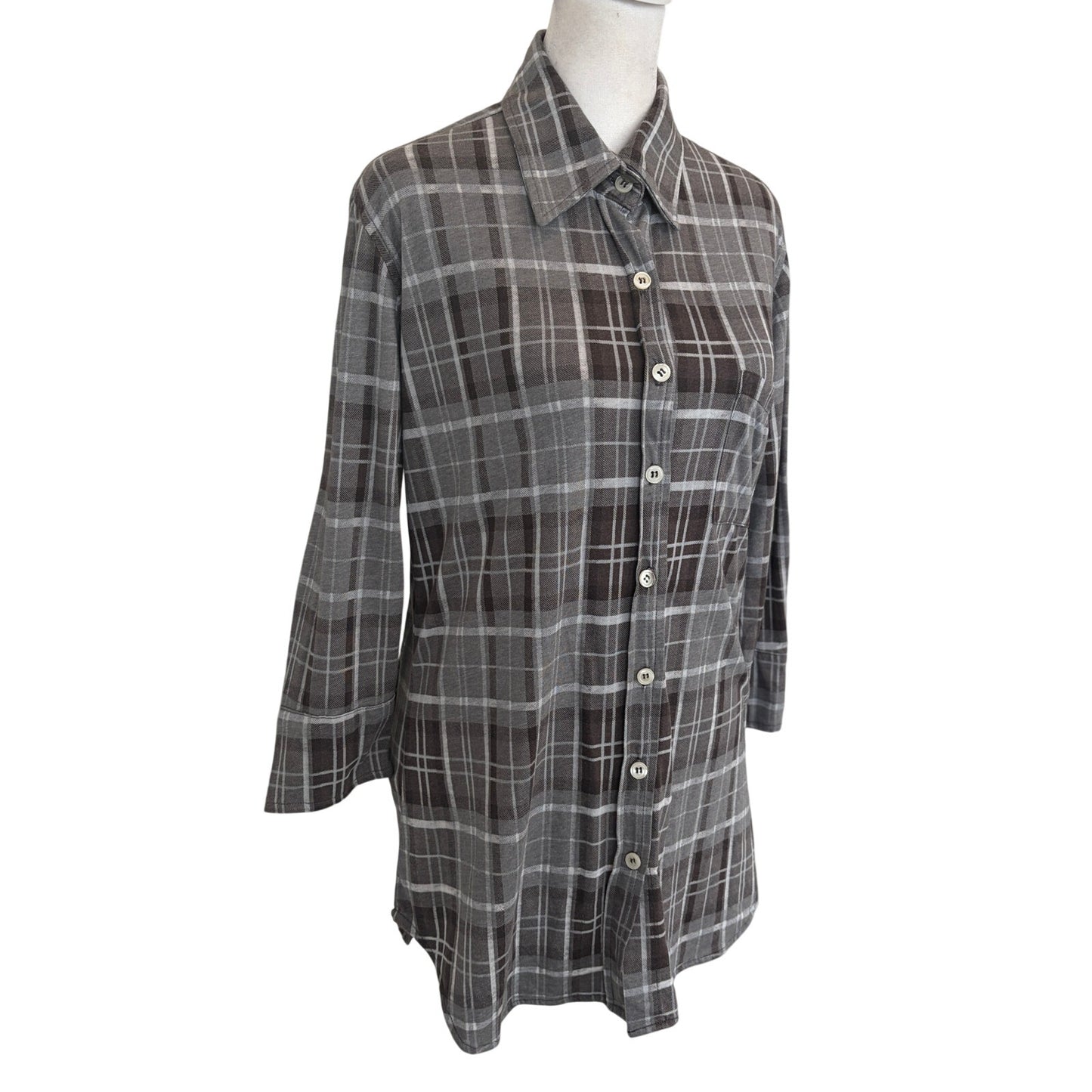 Allen Allen Gray White Plaid Button Down 3/4 Sleeves Tunic Shirt Womens Size XS