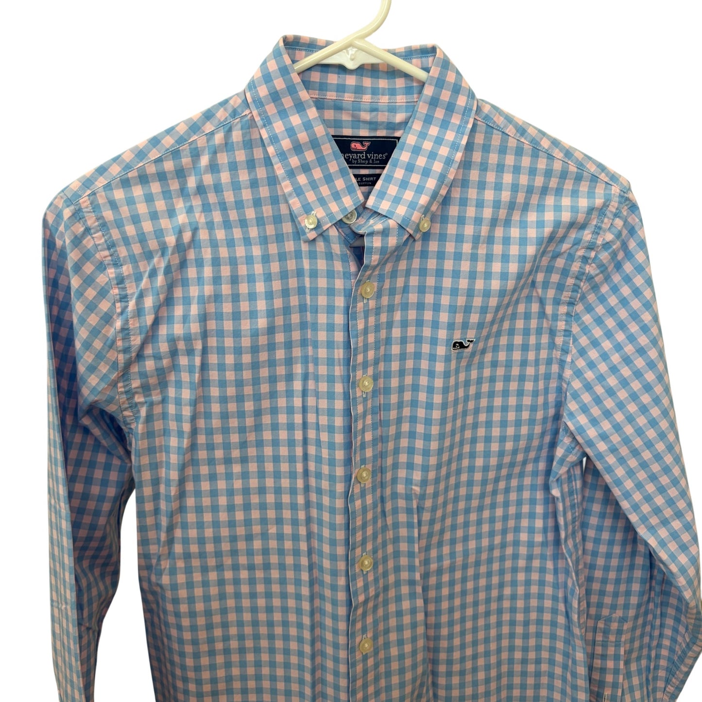 Vineyard Vines Boys Blue & Pink Gingham Button-Down Whale Shirt Boys Size Large