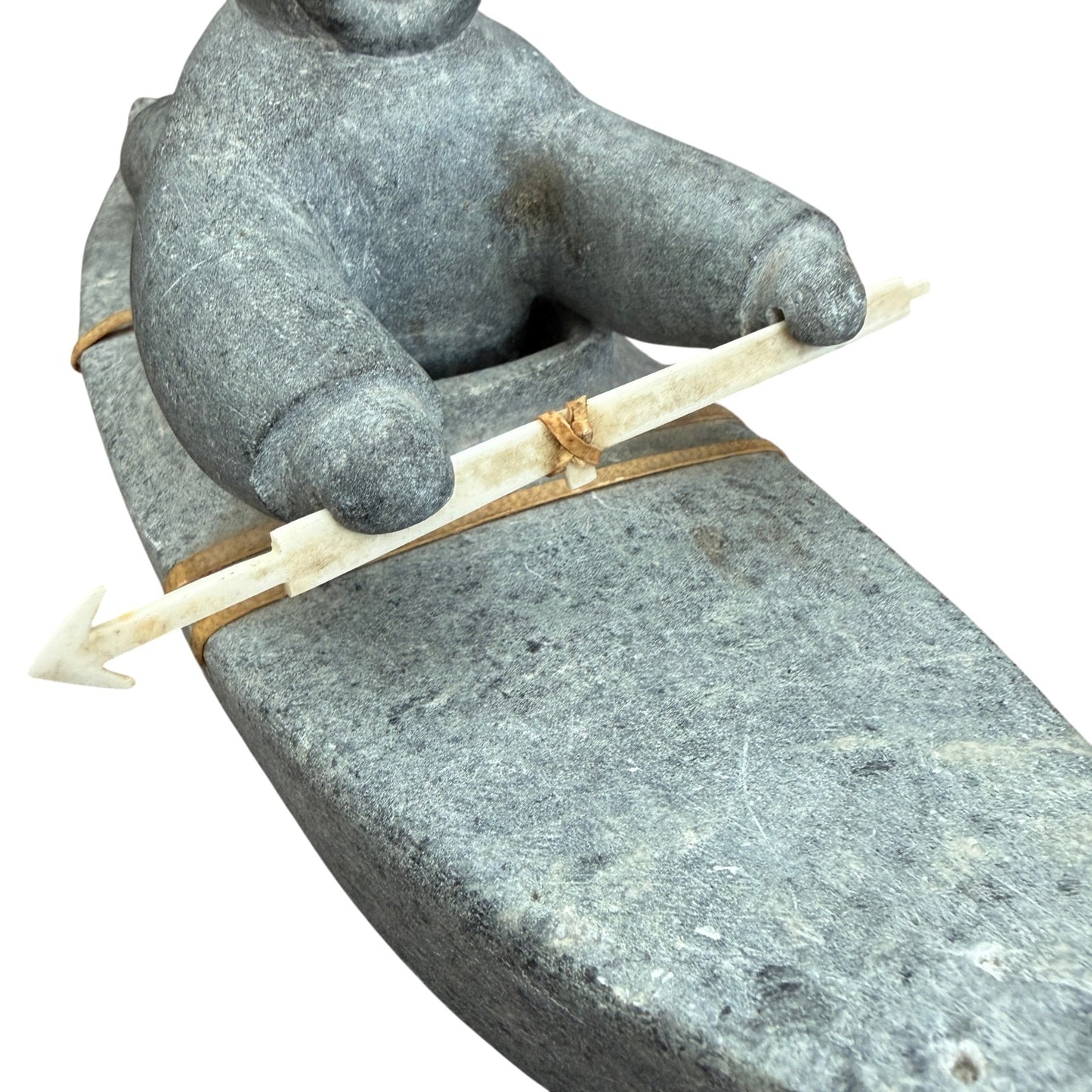Vintage Inuit Gray Soapstone Man in Boat Figure Sculpture Eskimo Art Signed