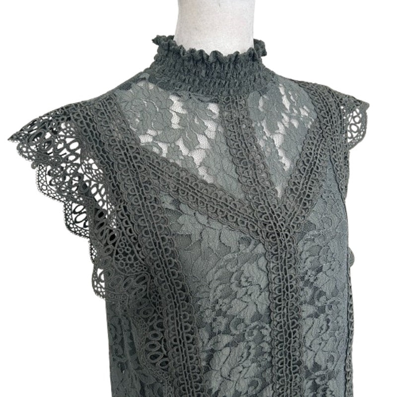 Cable & Gauge Olive Green Lace Flutter Sleeve Mock Neck Blouse Womens Size Small