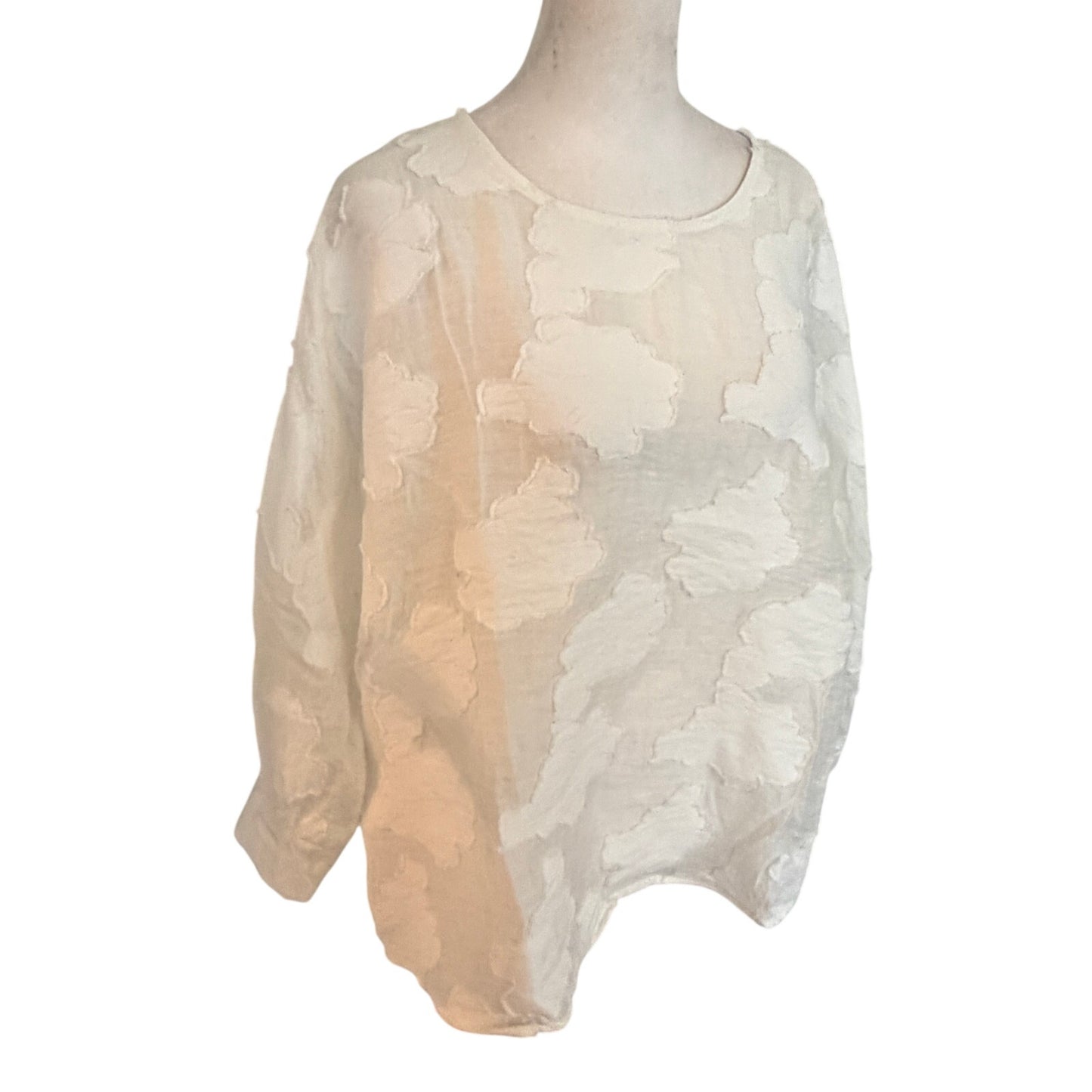 Karl Lagerfeld White on White Floral 3/4 Sleeve Pullover Top Womens Size Medium