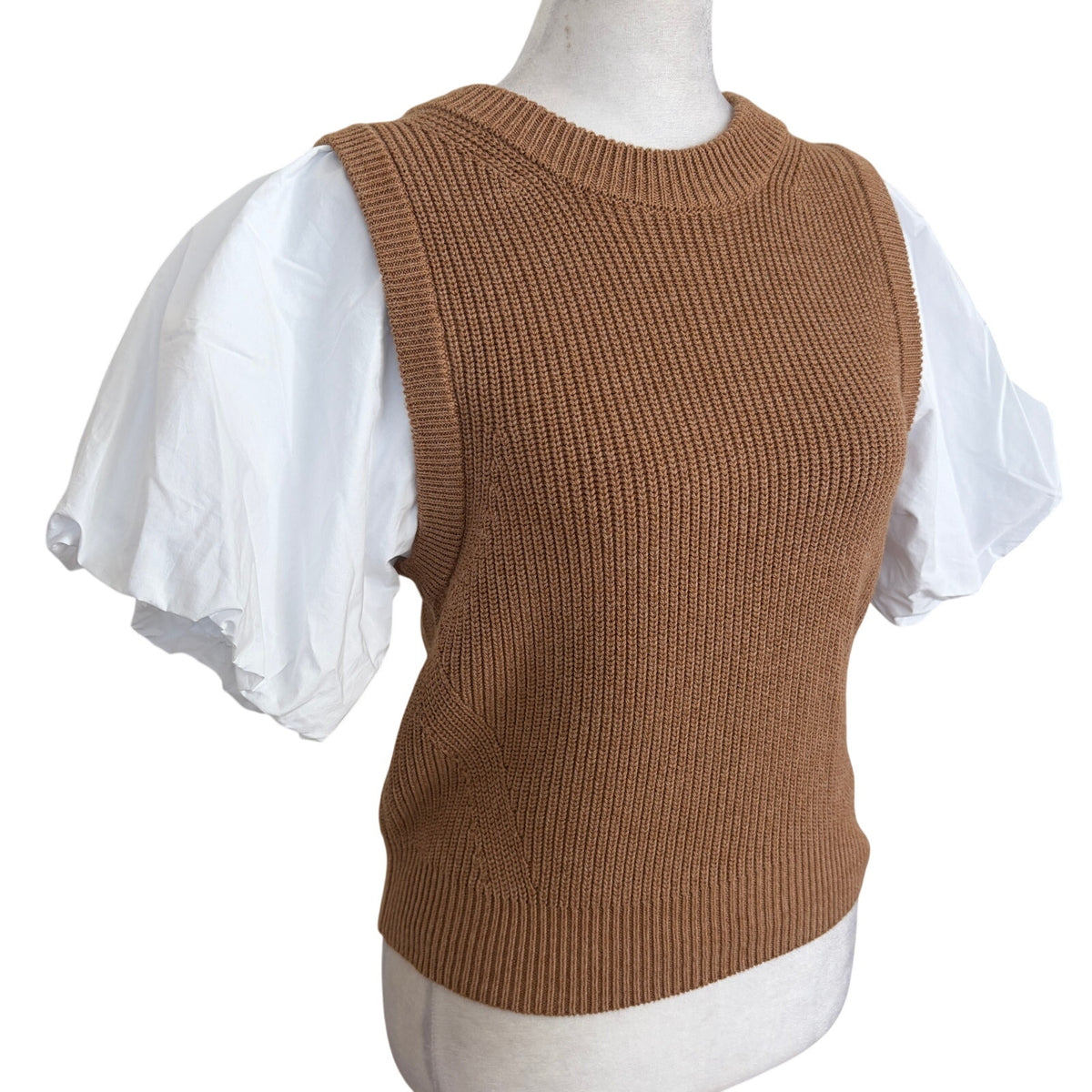 Lilla P Mixed Media Pullover Brown Sweater Vest + White Puff Sleeve Top Size XS