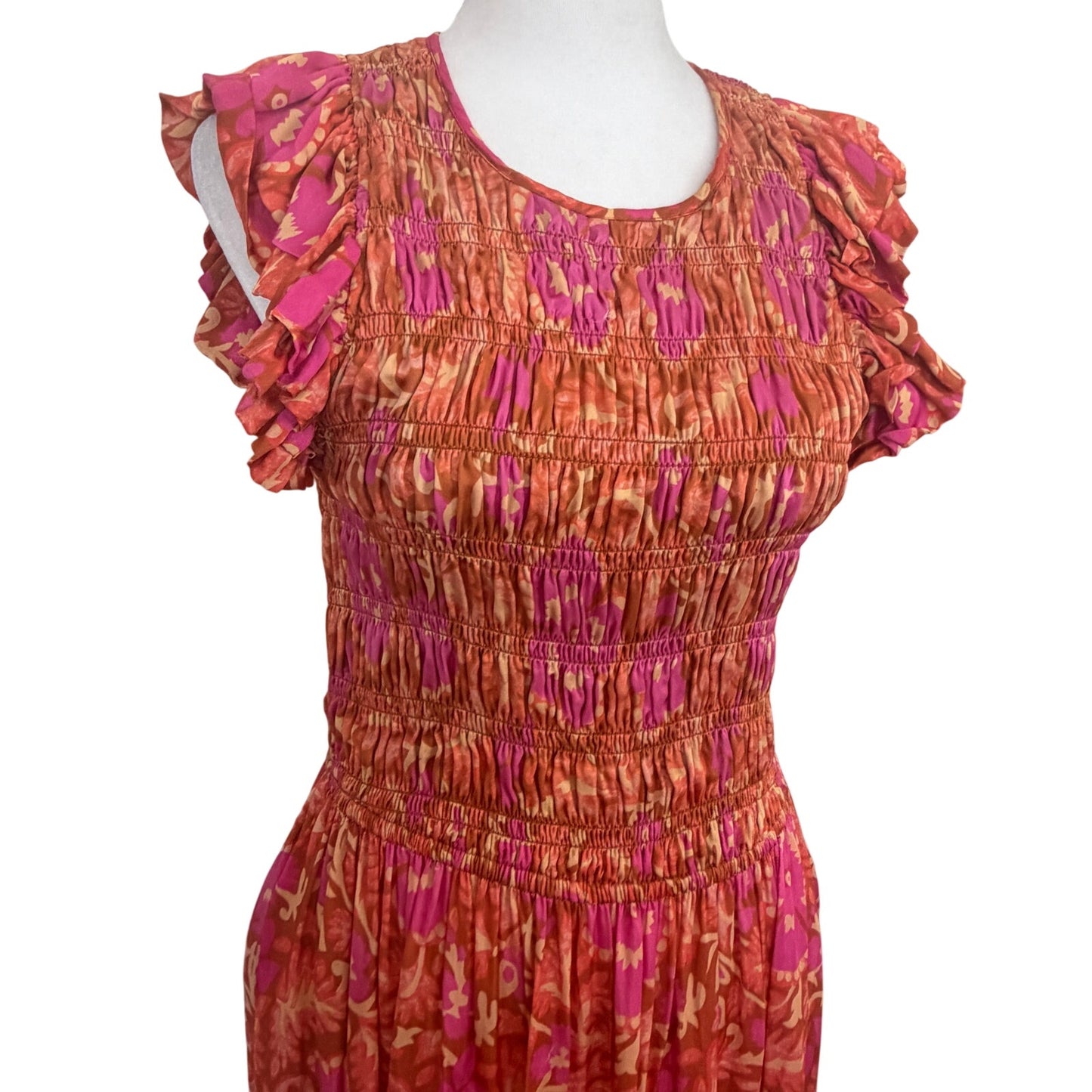 Cleobella Pink, Orange Floral Ruffle Maxi Ankle Dress Womens Size Small