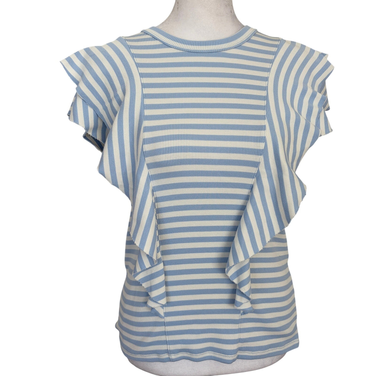 Veronica Beard Light Blue & White Striped Ruffled T-Shirt Top Women Size Small