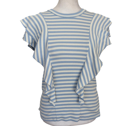 Veronica Beard Light Blue & White Striped Ruffled T-Shirt Top Women Size Small