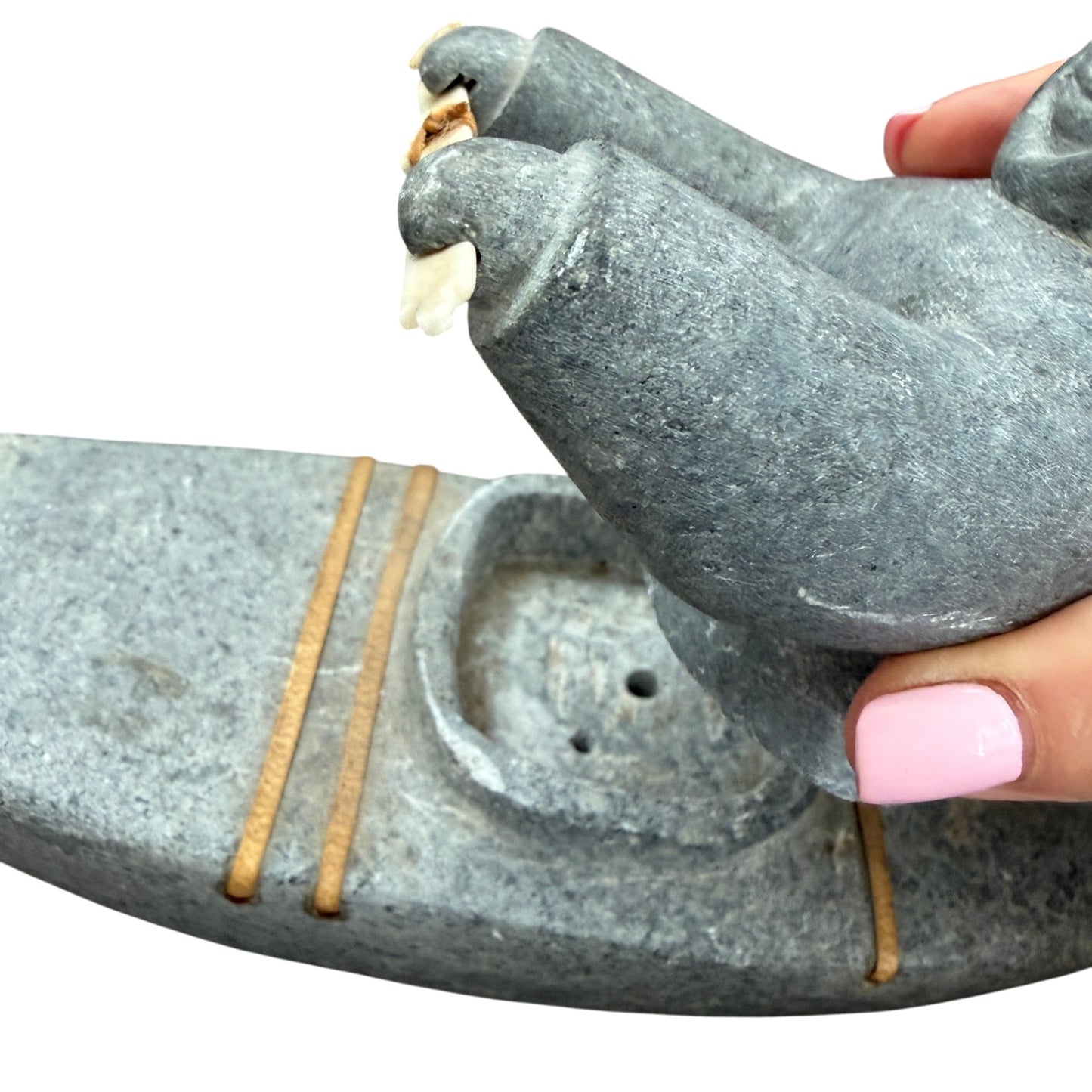 Vintage Inuit Gray Soapstone Man in Boat Figure Sculpture Eskimo Art Signed