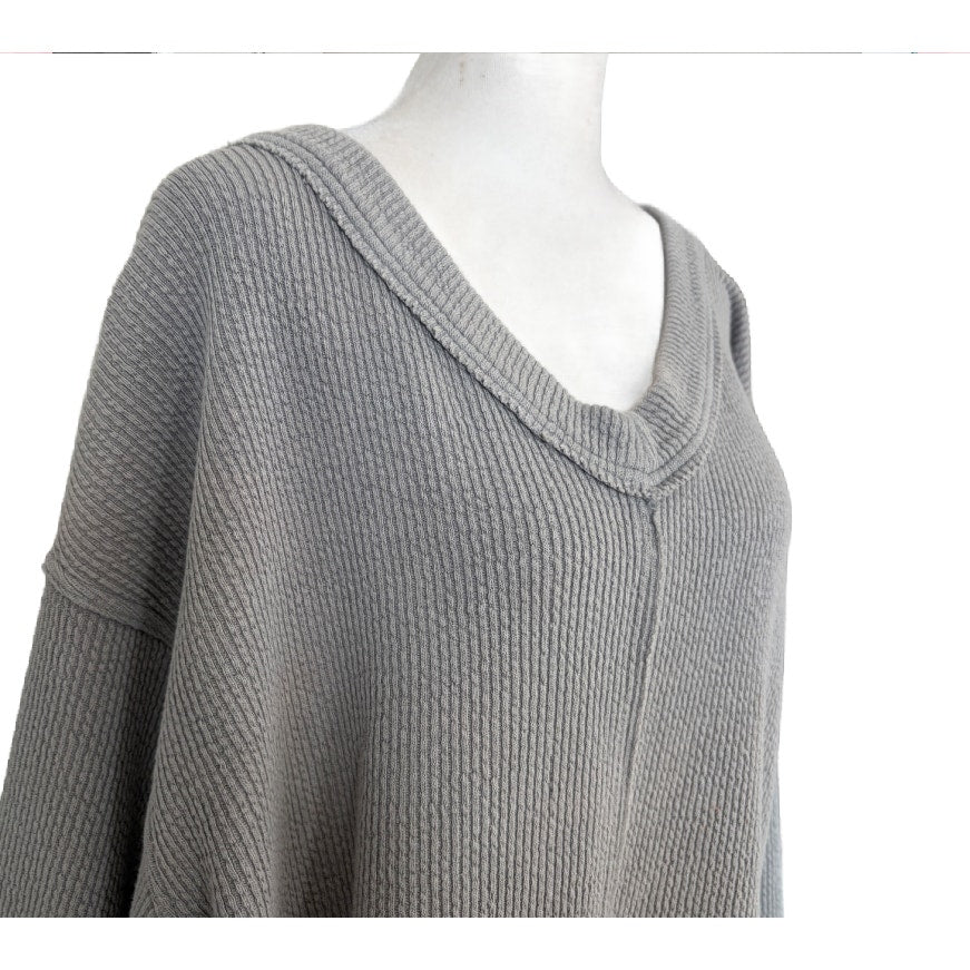 Aerie Gray Waffle Print Boxy Oversize V-Neck Pullover Womens Size Medium