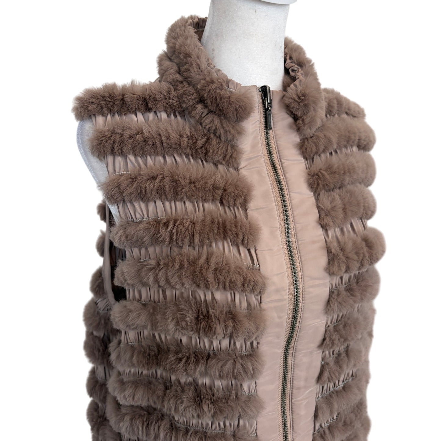 Genuine Taupe Rabbit Fur Ruched Stretchy Vest Womens Size Medium