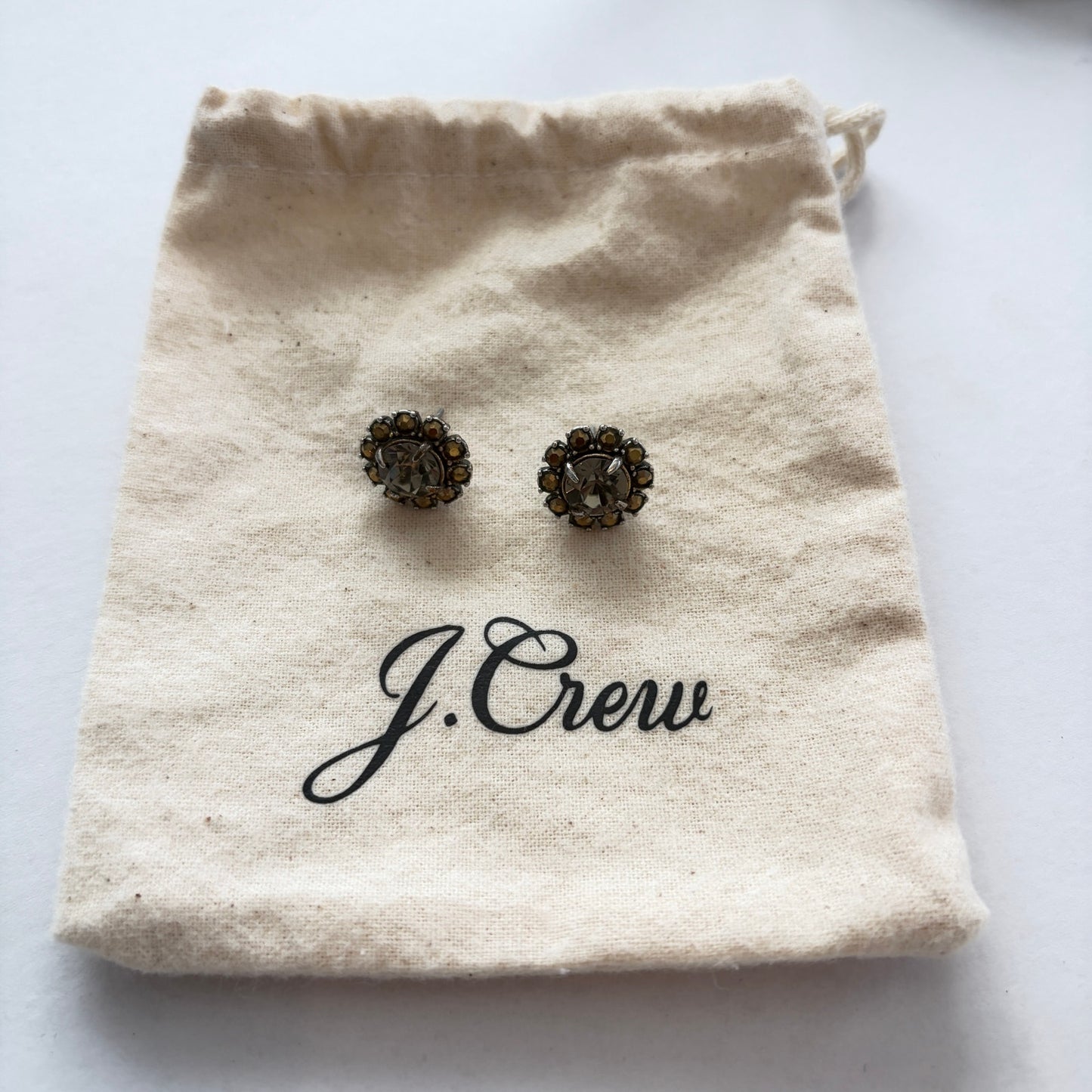 J Crew Silver Tone. Rhinestone, Brown Stone Flower Shaped Post Earrings Estate