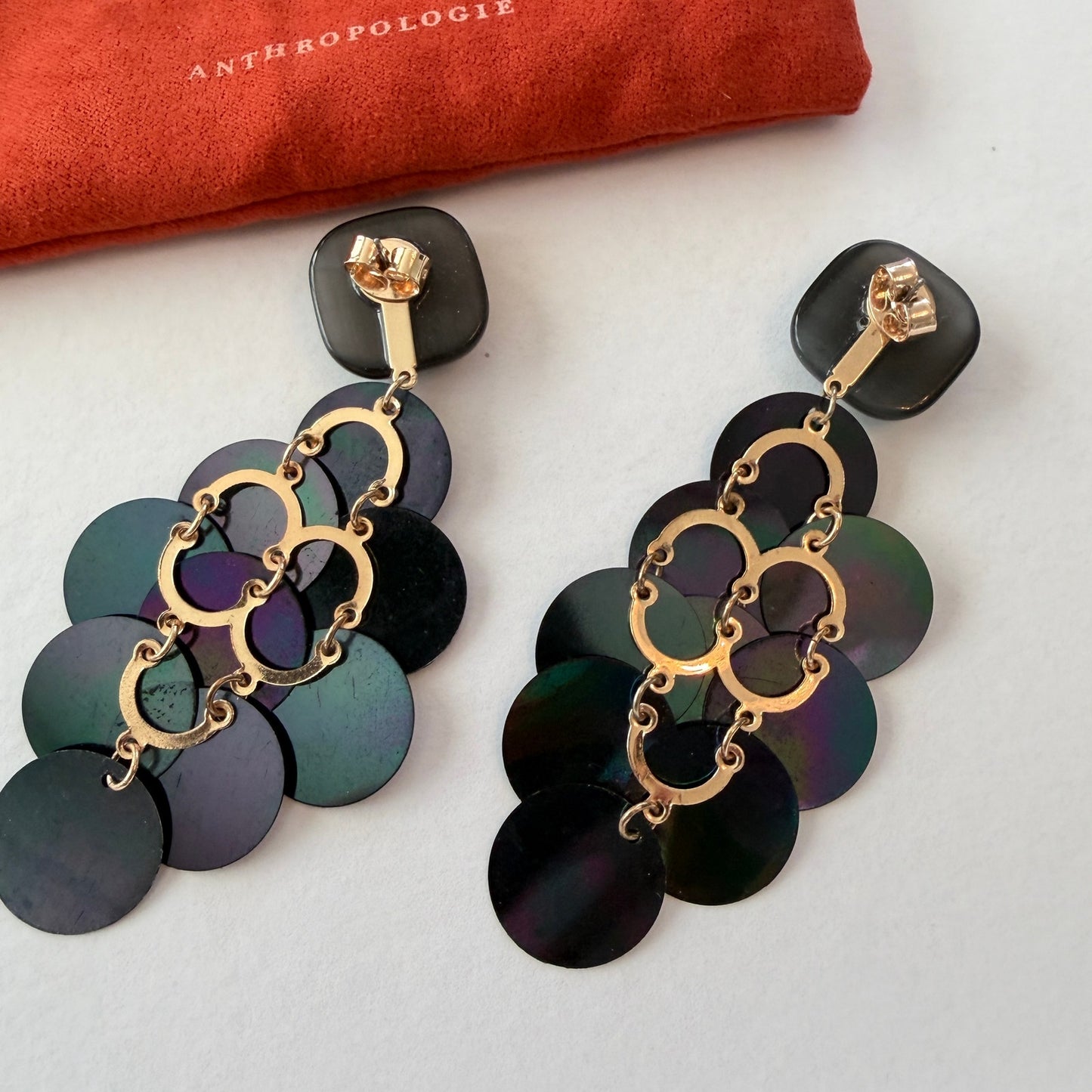 Anthropologie Shimmer Scale Drop Earrings Black / Blue / Purple