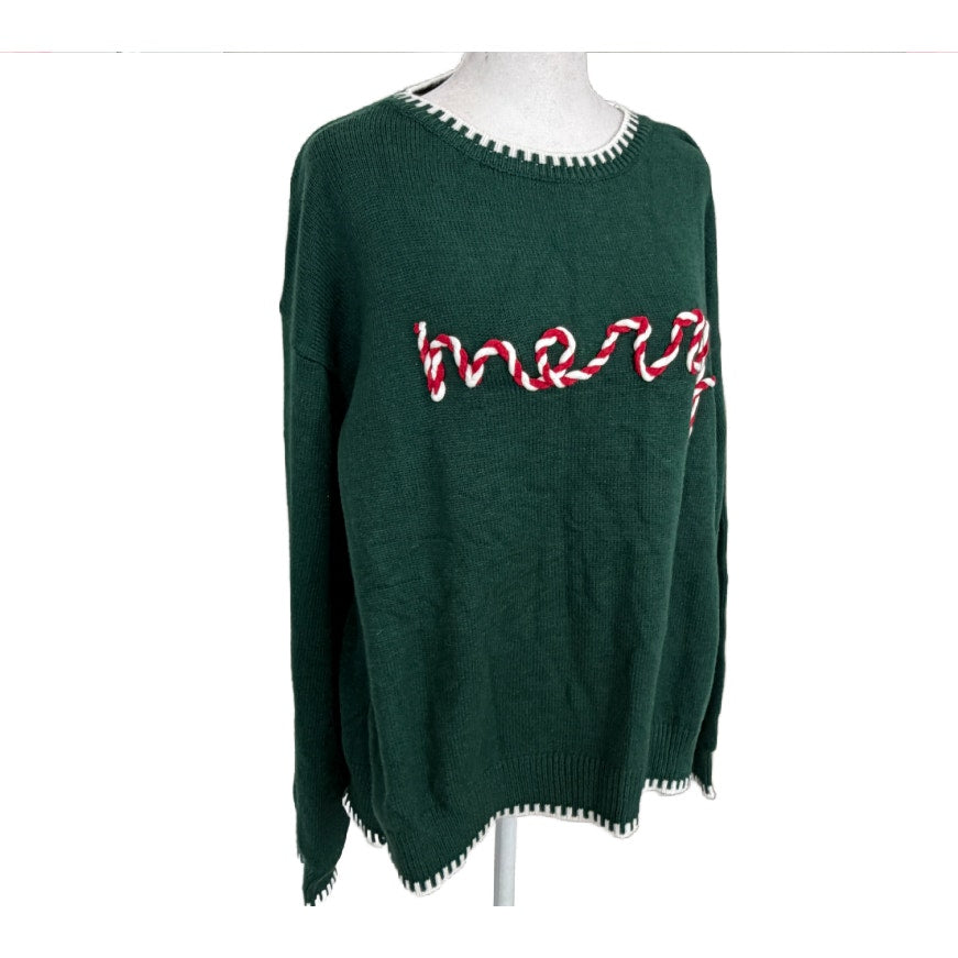Main Strip Hunter Green Red White Merry Christmas Sweater Womens Size Large NEW