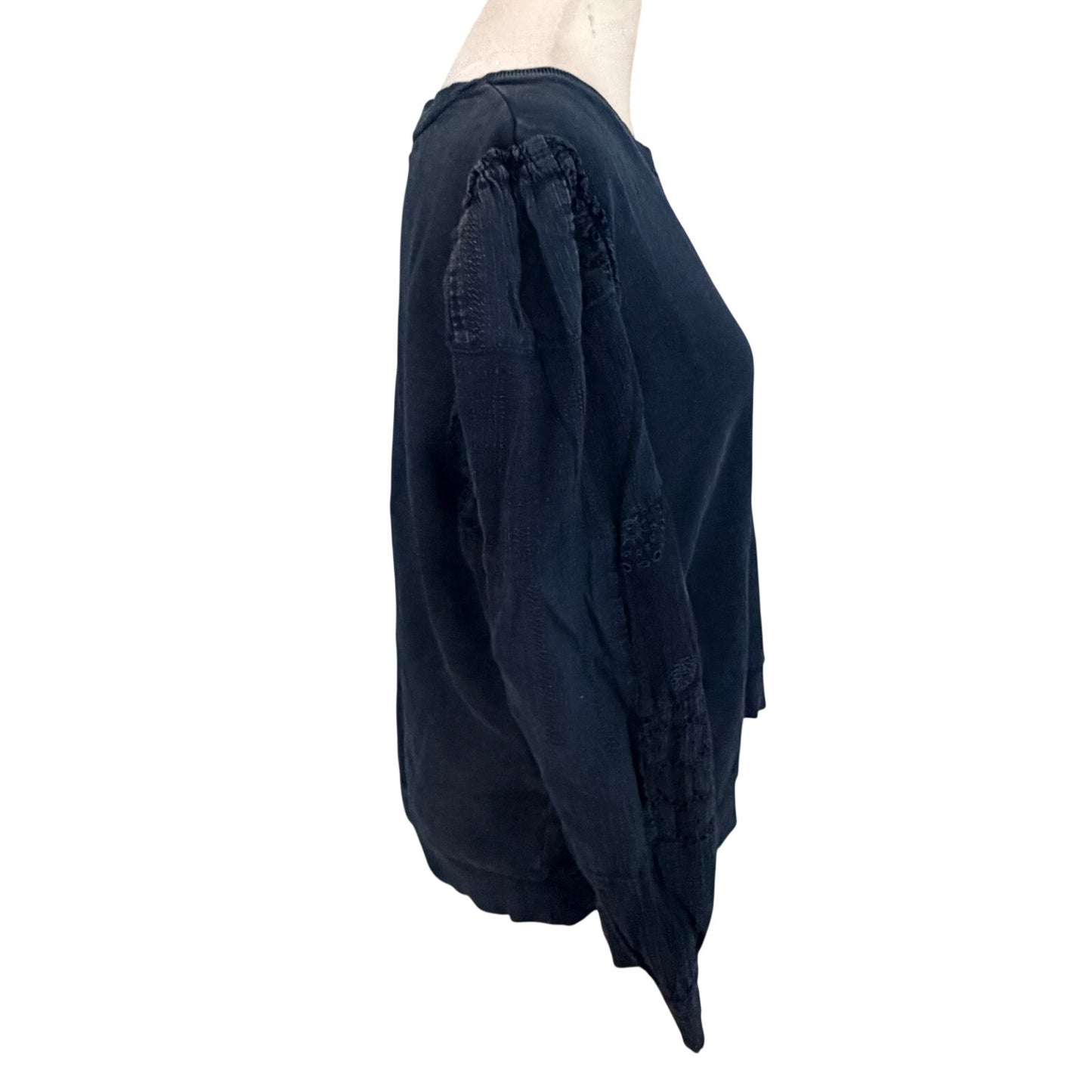 Pilcro Anthropologie Navy Blue Pullover Top Gauzy Eyelet Sleeve Women Size Large