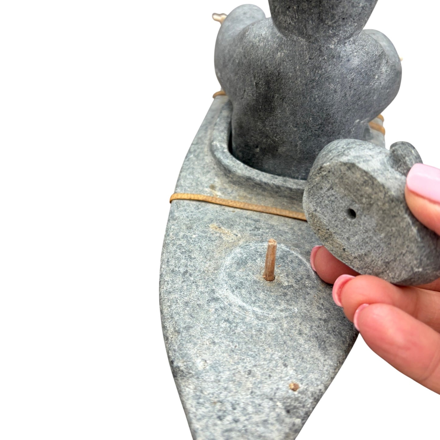 Vintage Inuit Gray Soapstone Man in Boat Figure Sculpture Eskimo Art Signed