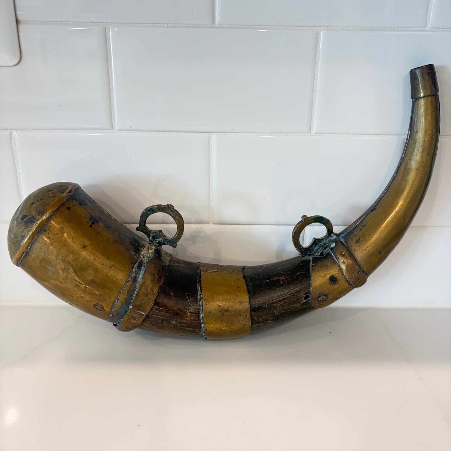 Antique Decorated Brass Gun Powder Horn North African Circa 18th-19th Century