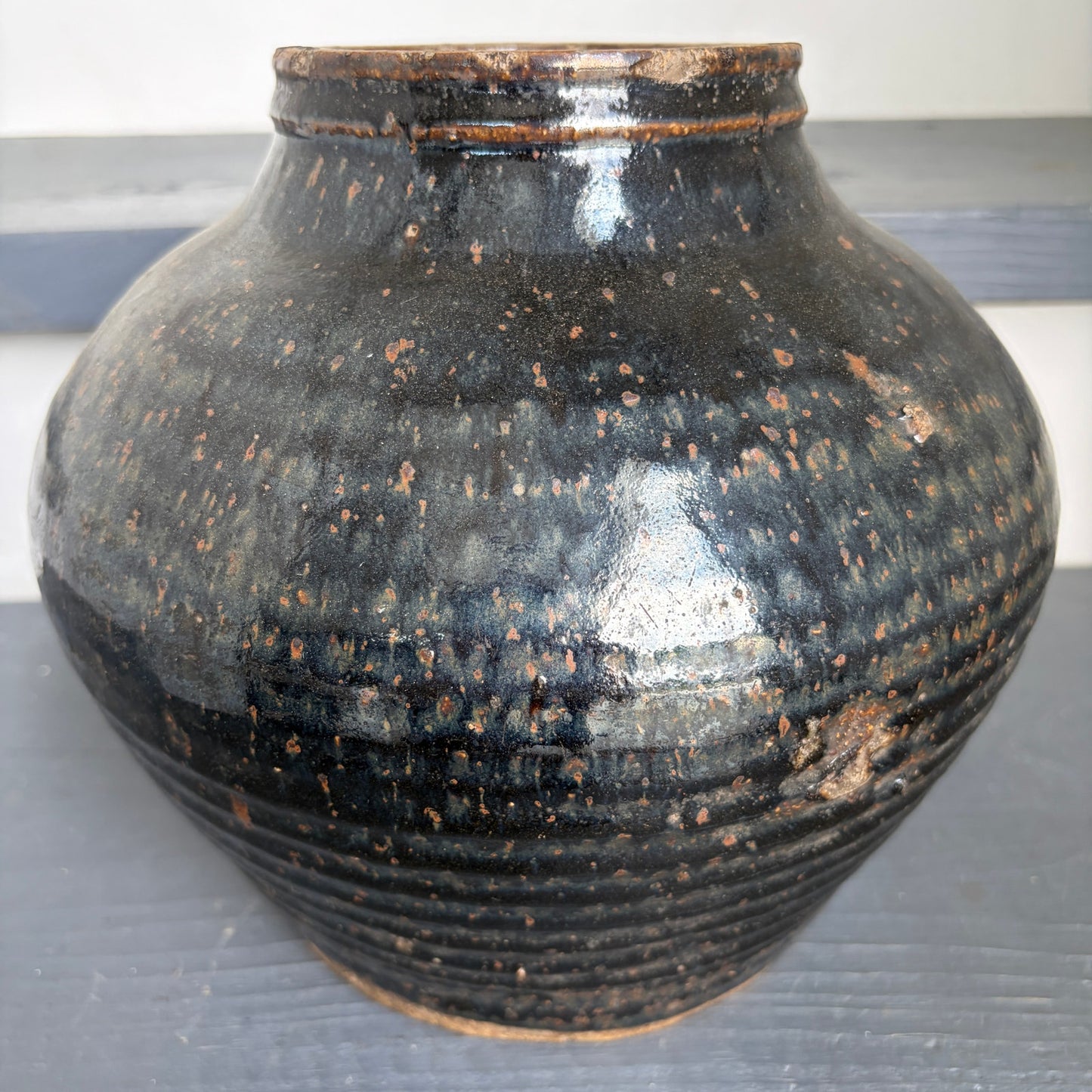 Antique Chinese Ming Large Black Cizhou Vase / Pot  Brown Spots 8" x 11"