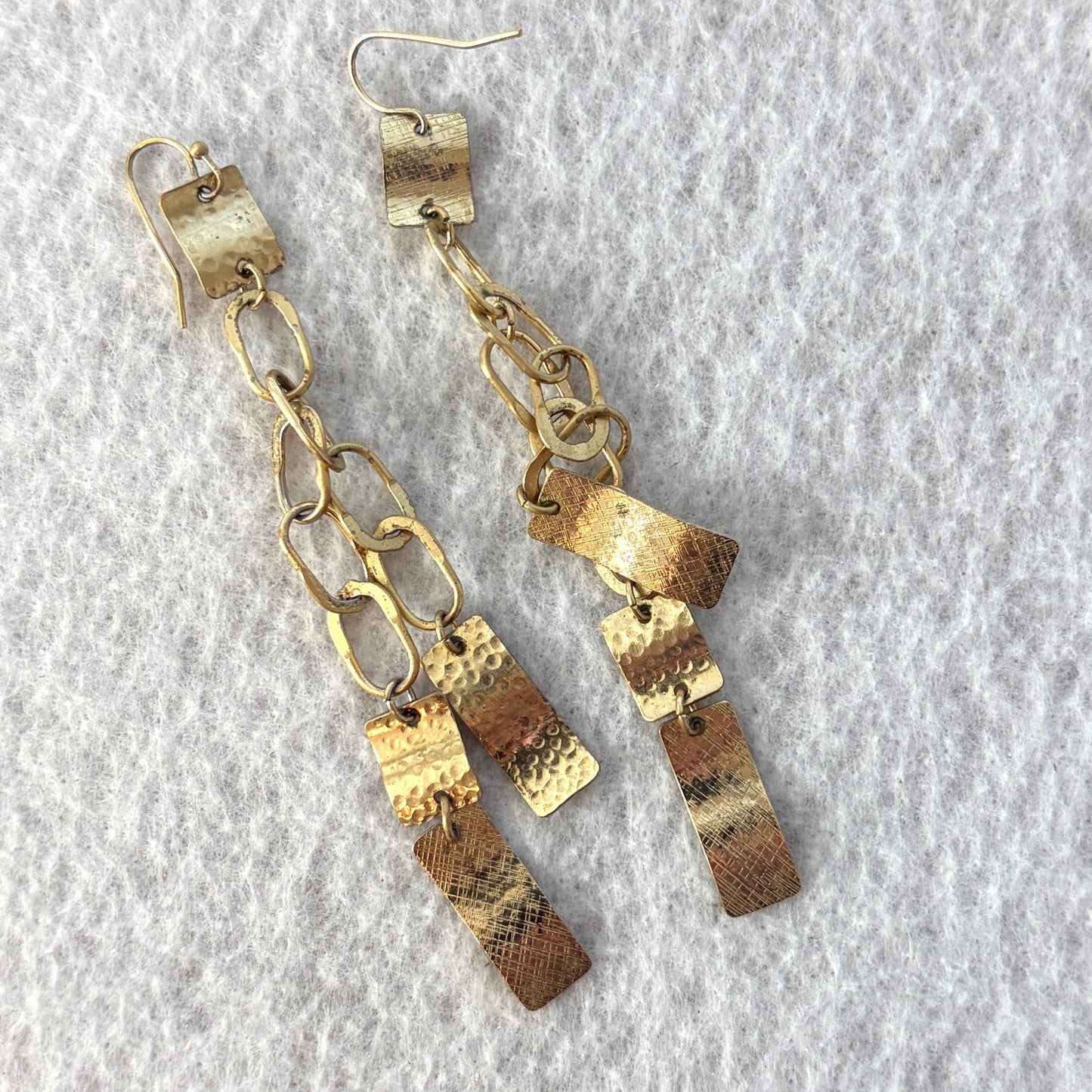 Anthropologie Gold Tone Dangle Earrings Hammered Rectangular Charms Chain Link
