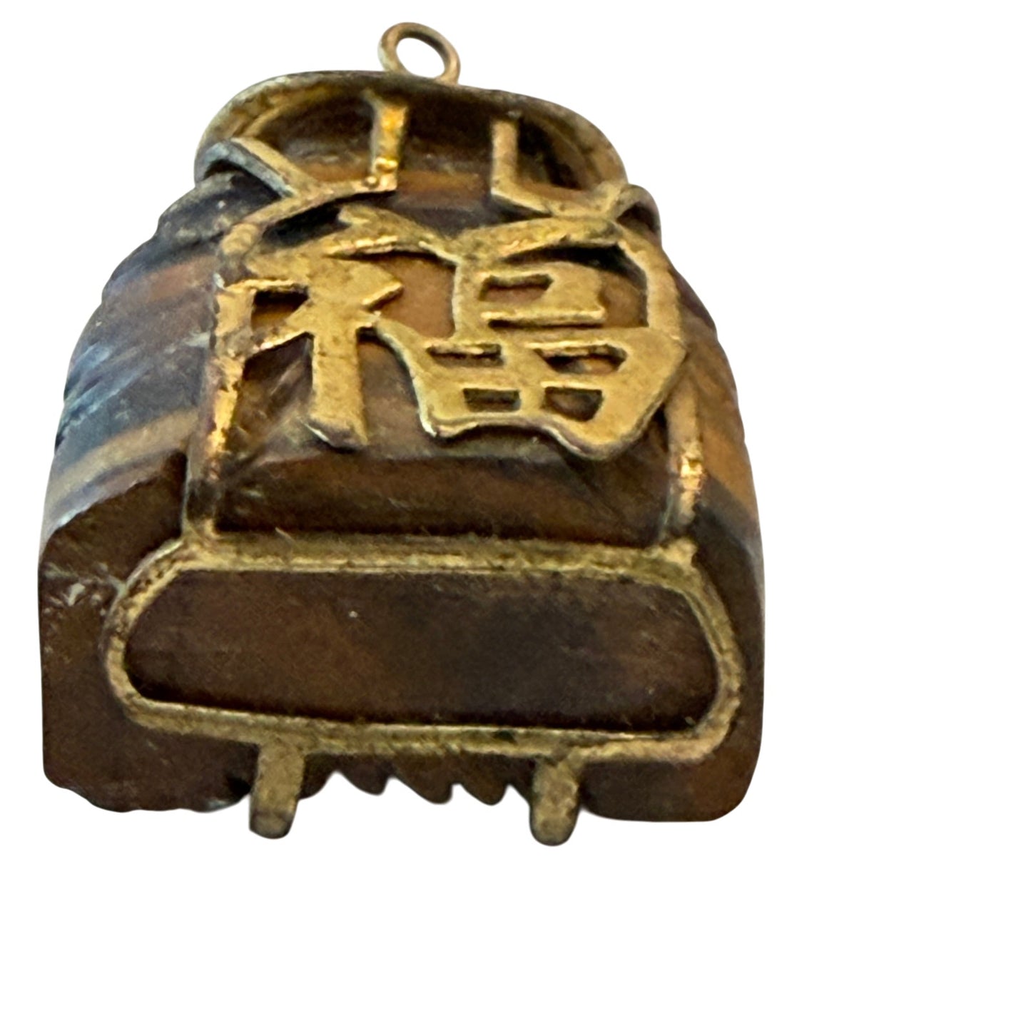 Vintage Asian Tiger's Eye Hand Carved Buddha Charm Pendant 14 K Gold, Ruby Stone