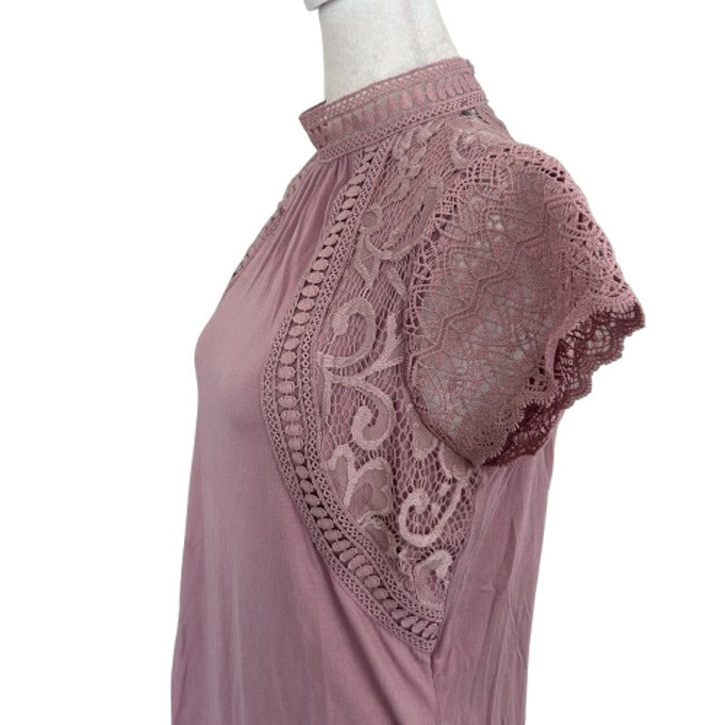 Cable & Gauge Pink Lacy Flutter Sleeve Mock Neck Blouse Womens Size Small