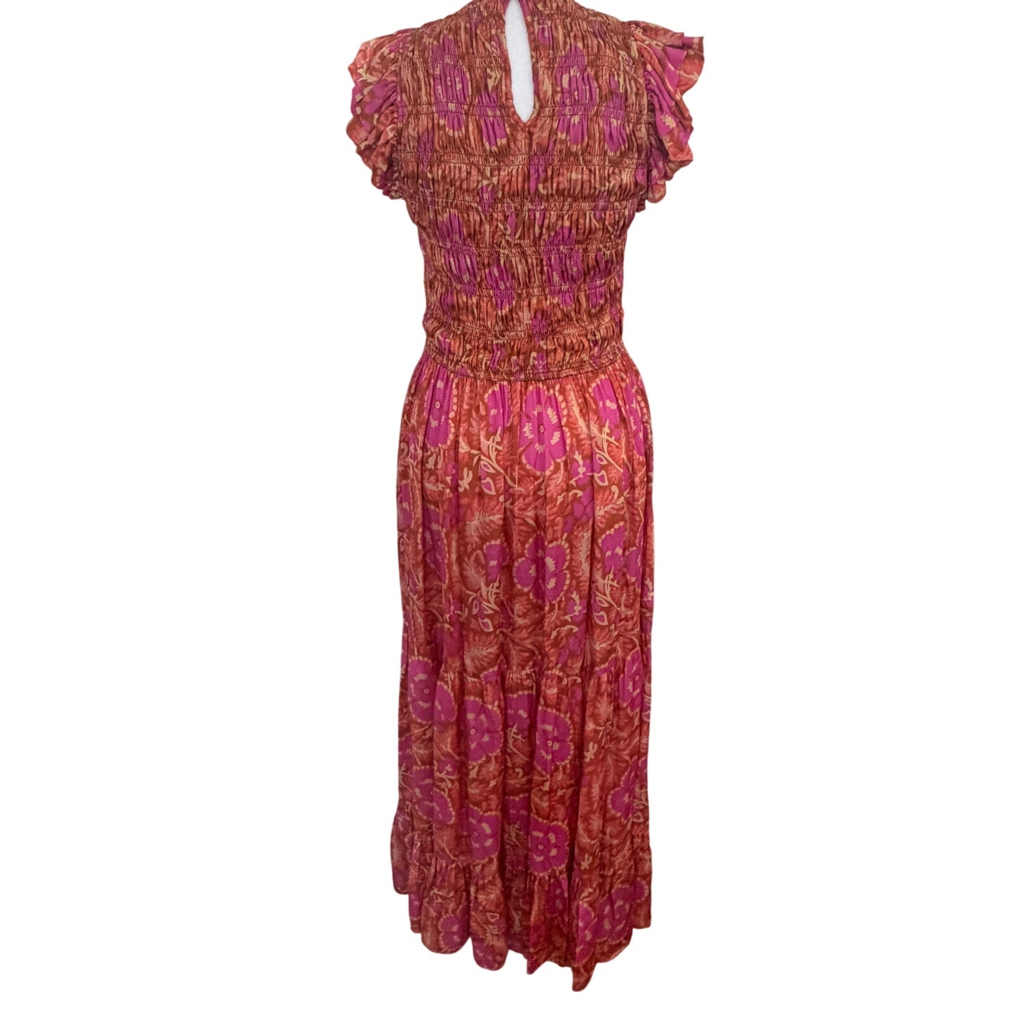 Cleobella Pink, Orange Floral Ruffle Maxi Ankle Dress Womens Size Small