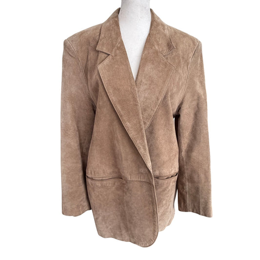 LL Bean Vintage Leather Jacket Tan Suede Button Up Blazer Womens Size 12 Petite