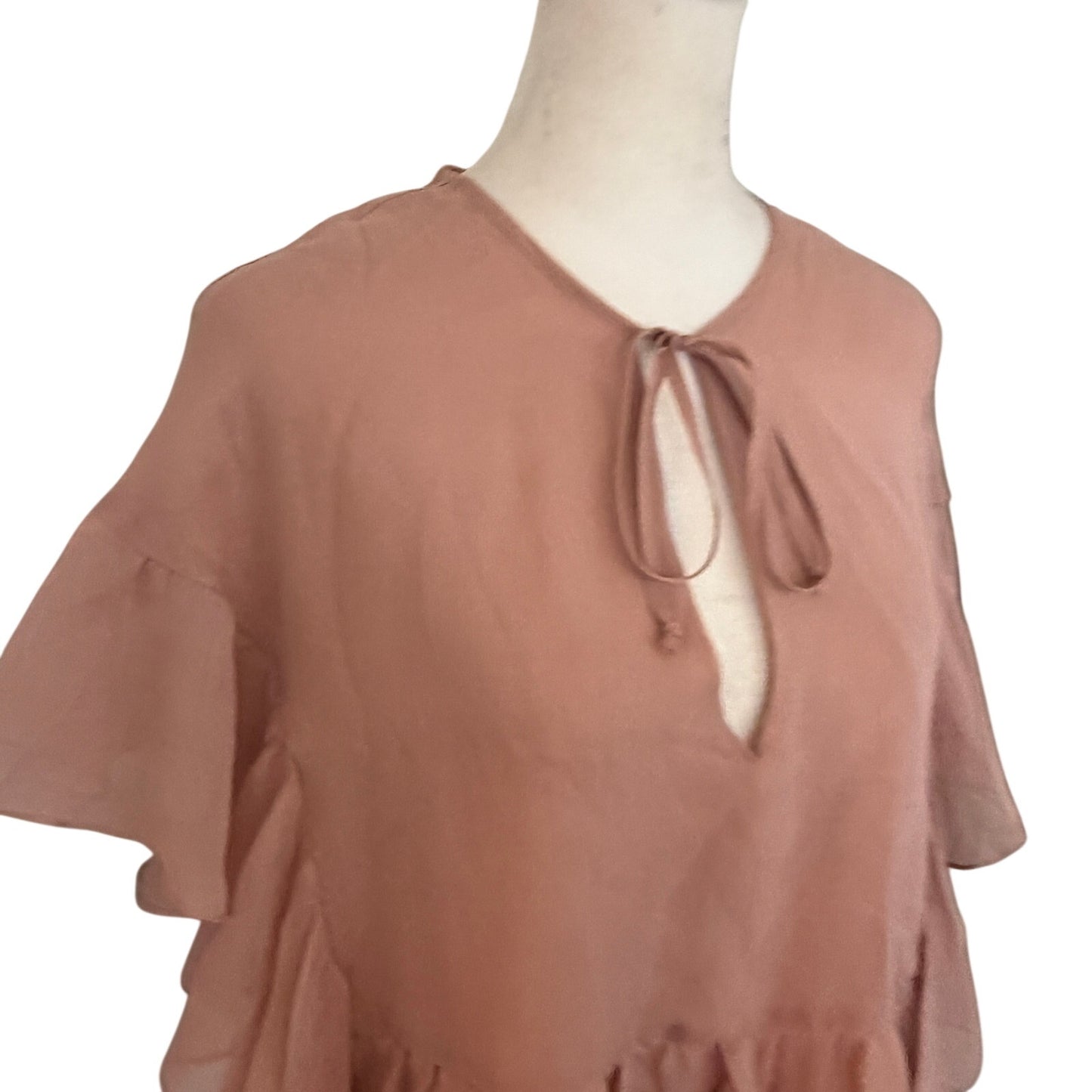 Rachel Comey Dusty Pink 100% Silk Sheer V-Neck Ruffled Blouse Womens Size 6