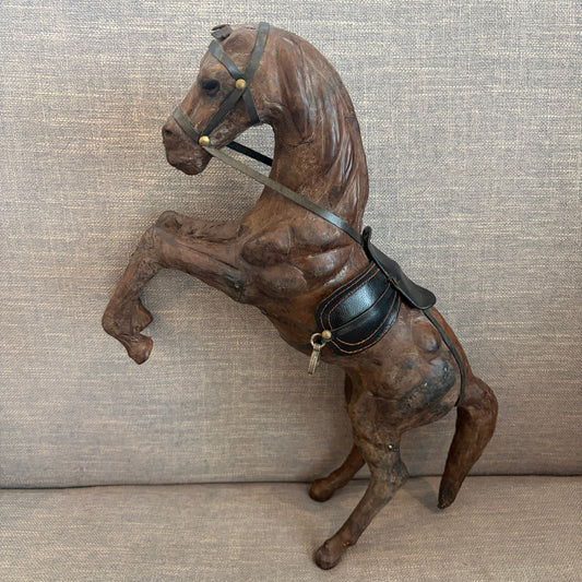 Vintage 1970s Leather Wrapped Rearing Horse Statue Equestrian Decor 15" Tall