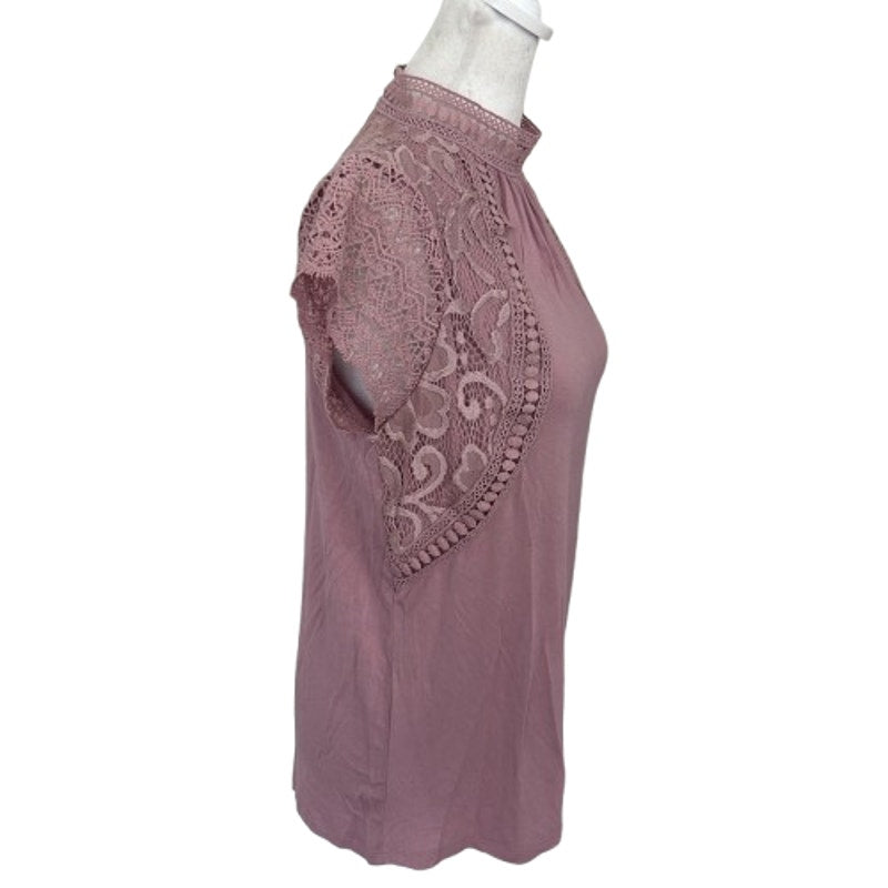 Cable & Gauge Pink Lacy Flutter Sleeve Mock Neck Blouse Womens Size Small