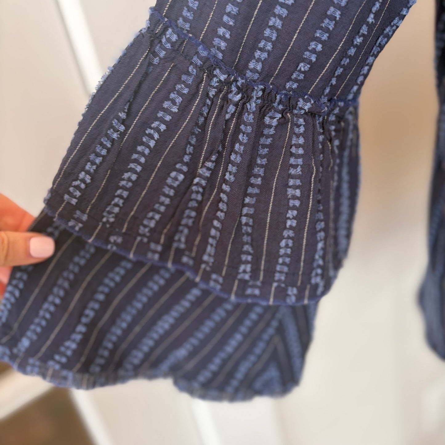 Maven West Navy Blue Pin Striped Bell Sleeve Button Down Shirt Womens Size Small