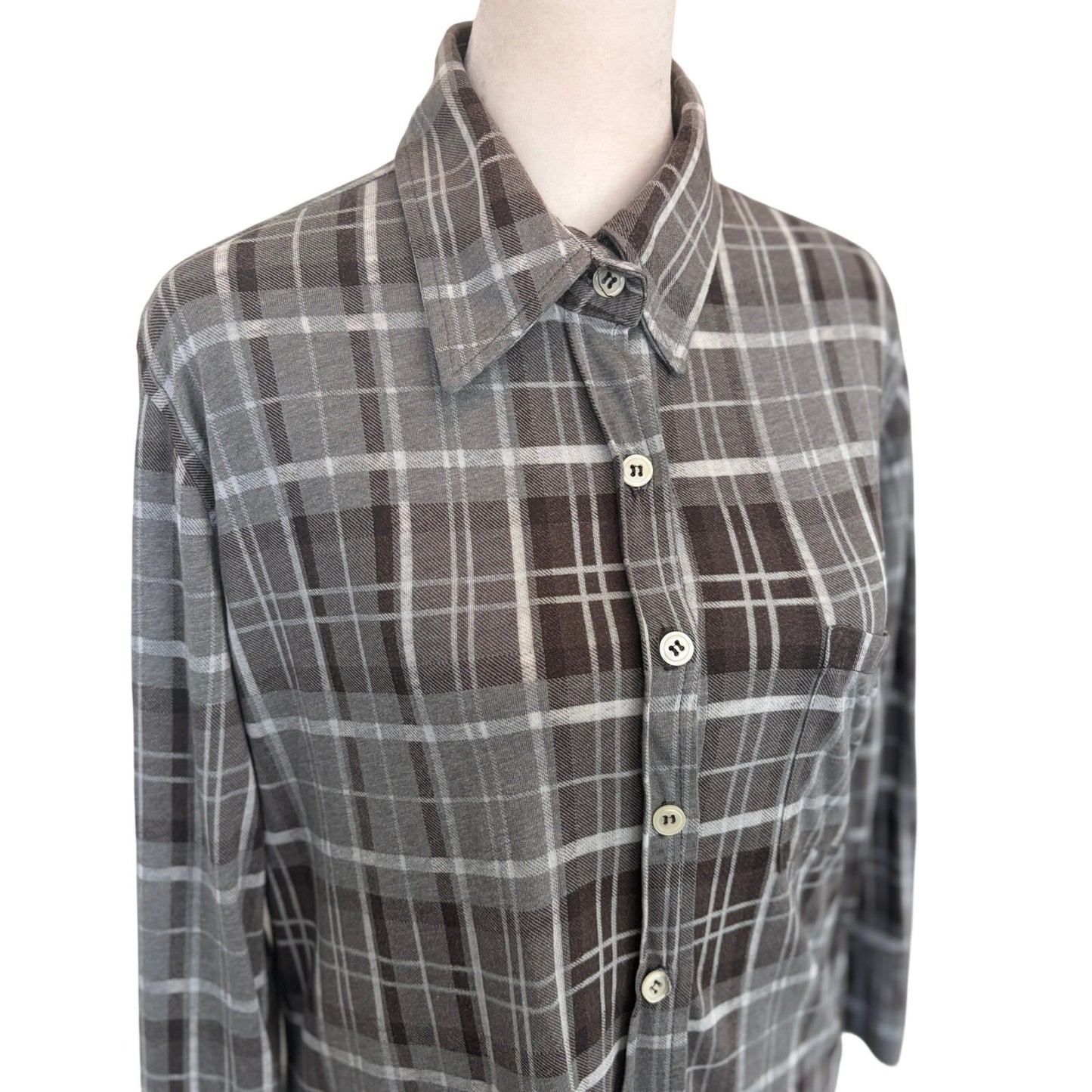 Allen Allen Gray White Plaid Button Down 3/4 Sleeves Tunic Shirt Womens Size XS