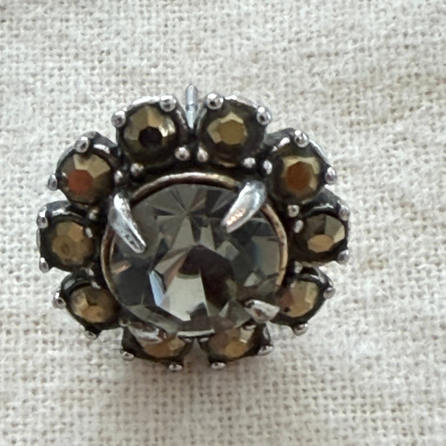 J Crew Silver Tone. Rhinestone, Brown Stone Flower Shaped Post Earrings Estate