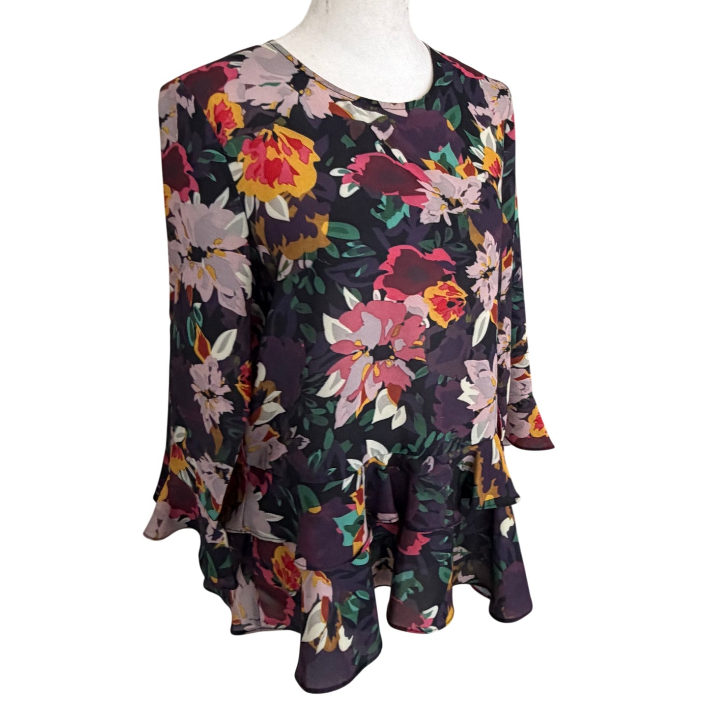 Jade Melody Tam Purple, Green, Pink, Yellow Floral Ruffled Blouse Womens Size XS