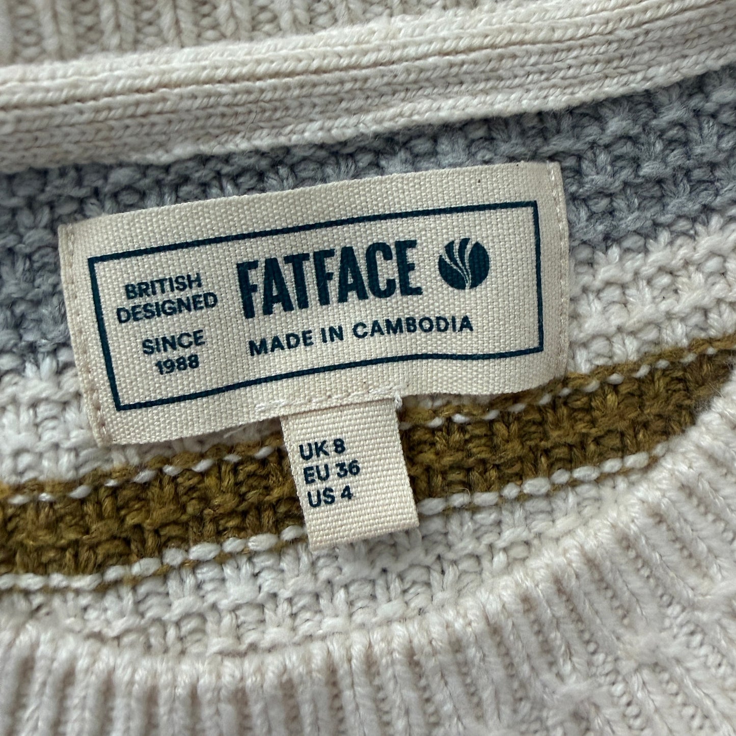 FatFace Ivory, Gray, Pink, Striped Crew Neck Sweater Womens Size Small