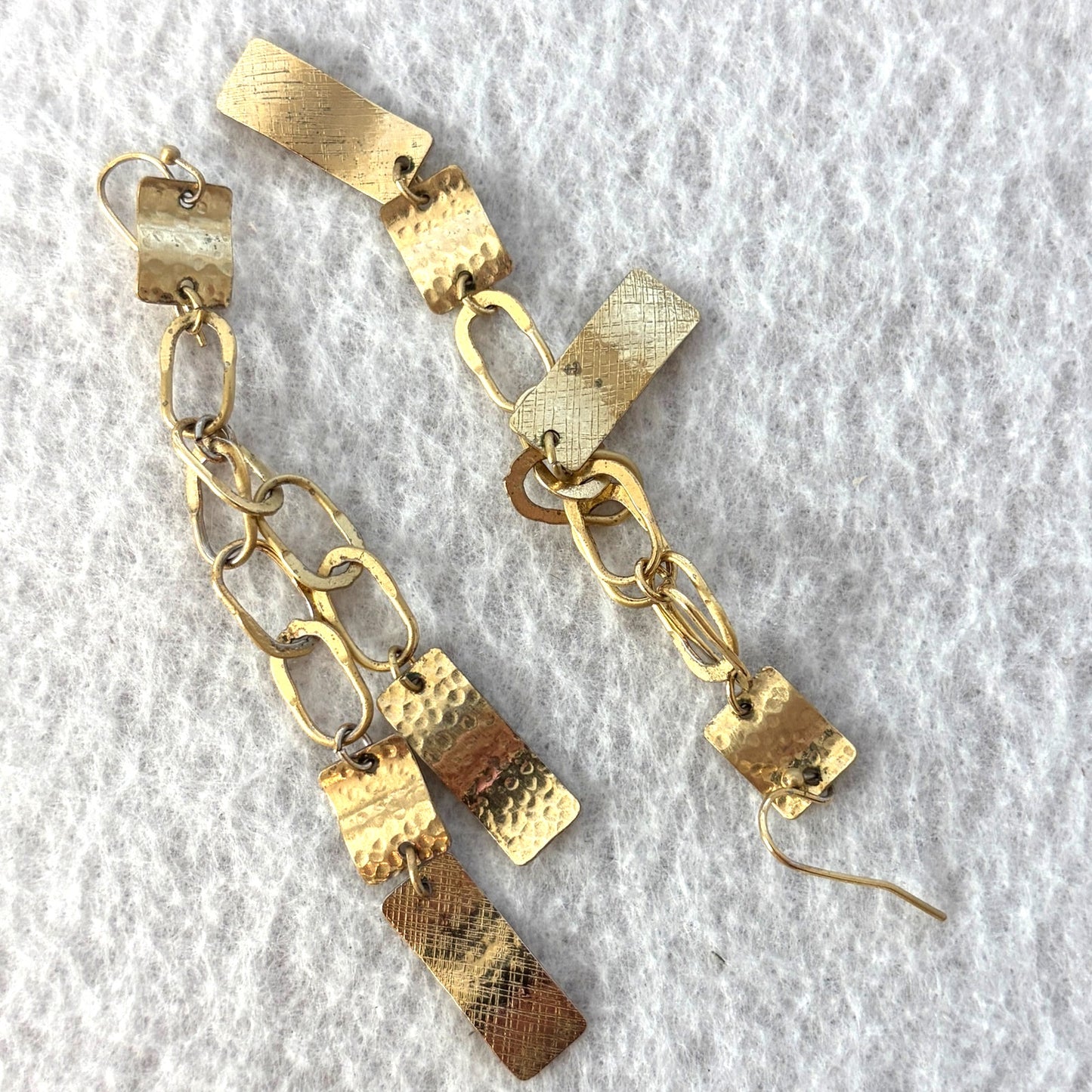 Anthropologie Gold Tone Dangle Earrings Hammered Rectangular Charms Chain Link