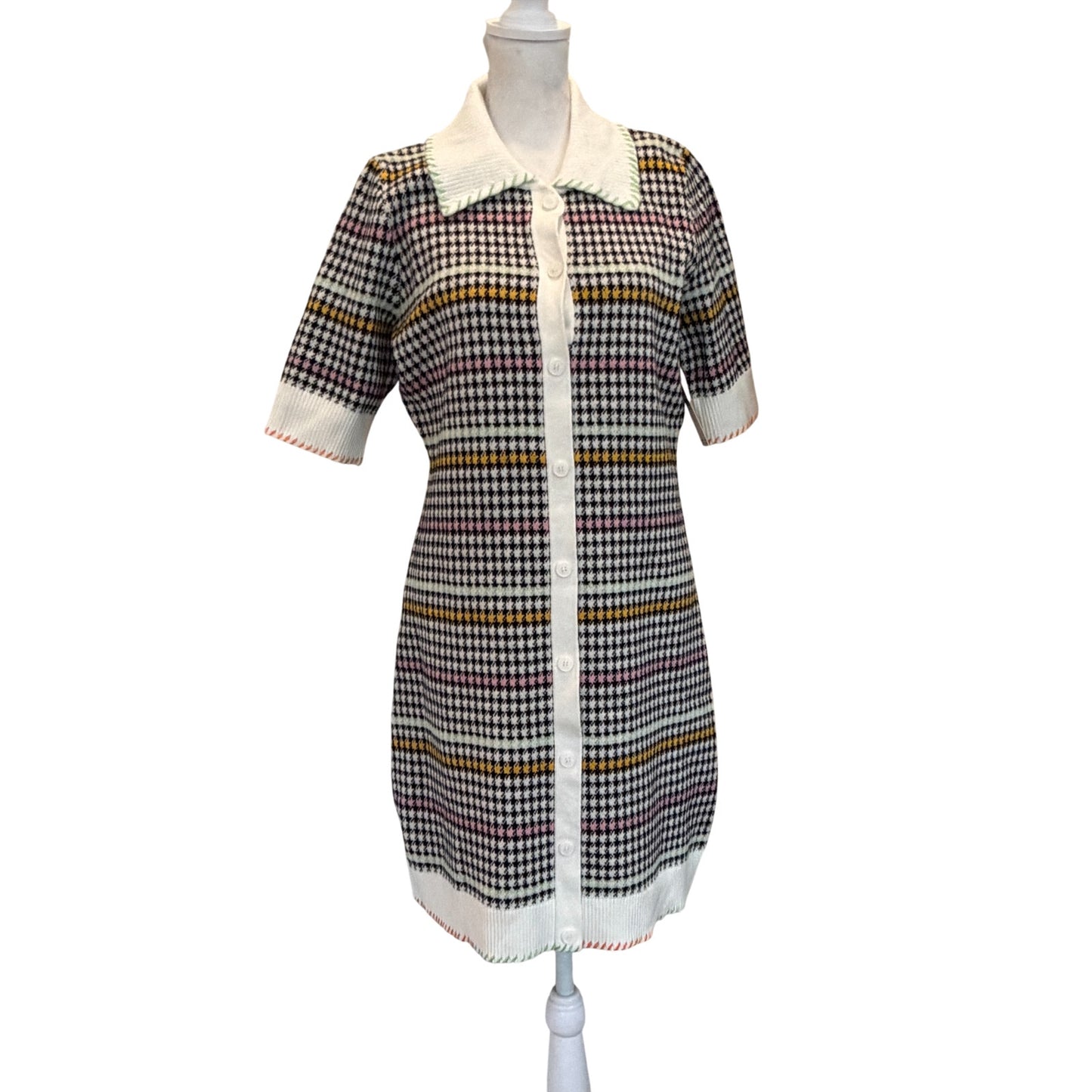 Anthropologie Maeve Buffalo Check Collared Sweater Dress Womens Size Medium NEW