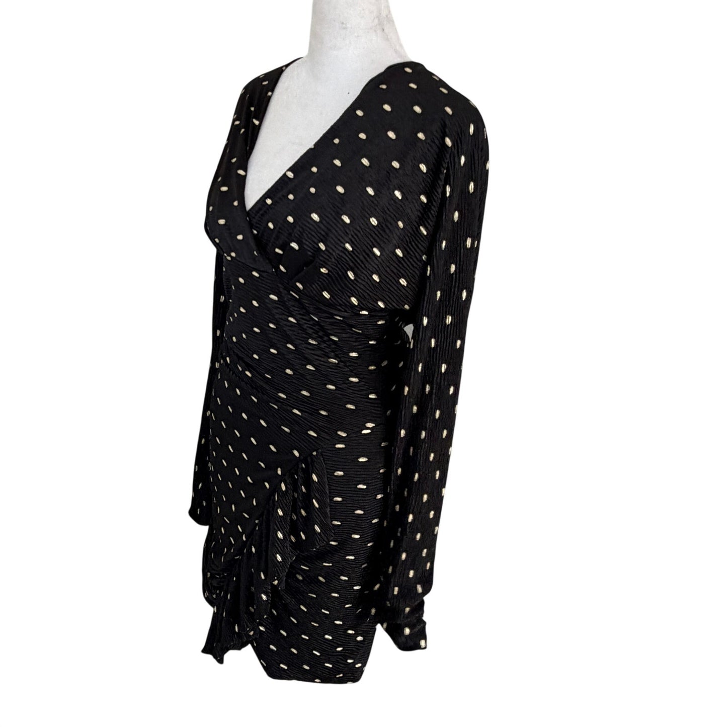 IRO Paris Black and Gold Ruched Long Sleeve V-Neck Dress Womens Size 34 XS