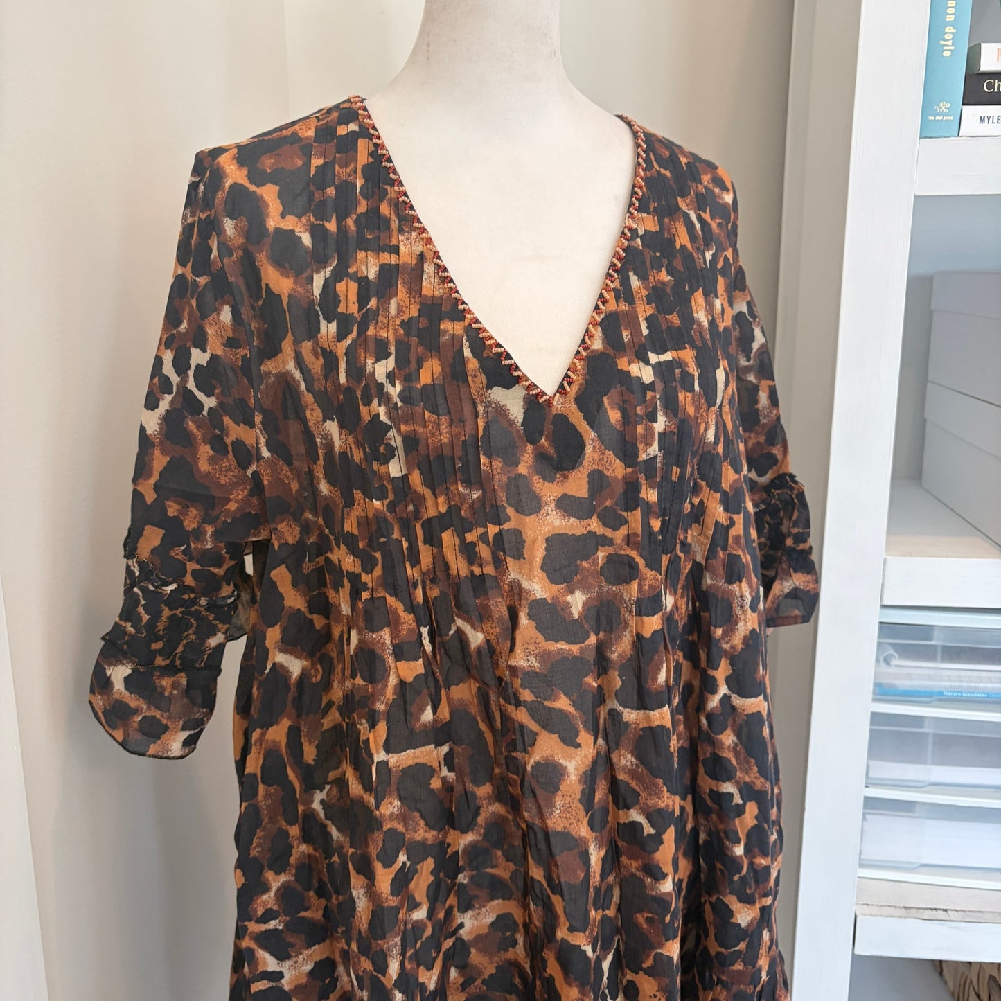 Anthropologie Duet Brown Black Animal Print Dress Coverup Womens Size Large