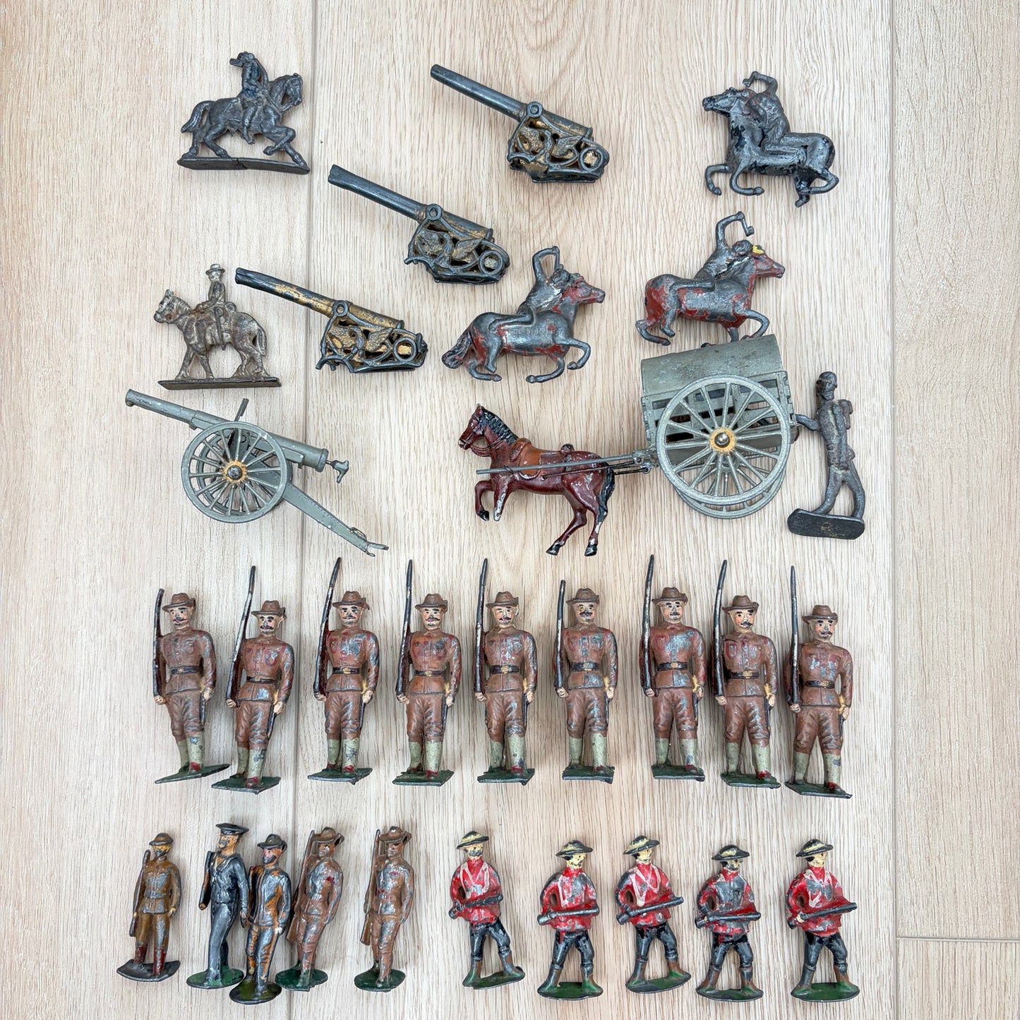 Lot of 30 Vintage Cast Iron Toy Soldiers, Army Men, Calvary Horse Drawn Cannons