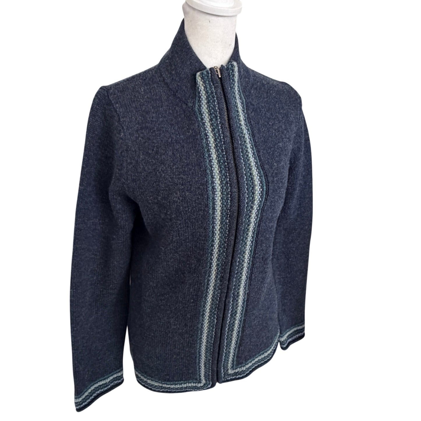 Vintage LL Bean Navy Blue Lambs Wool Full Zip Cardigan Sweater Women Size Medium