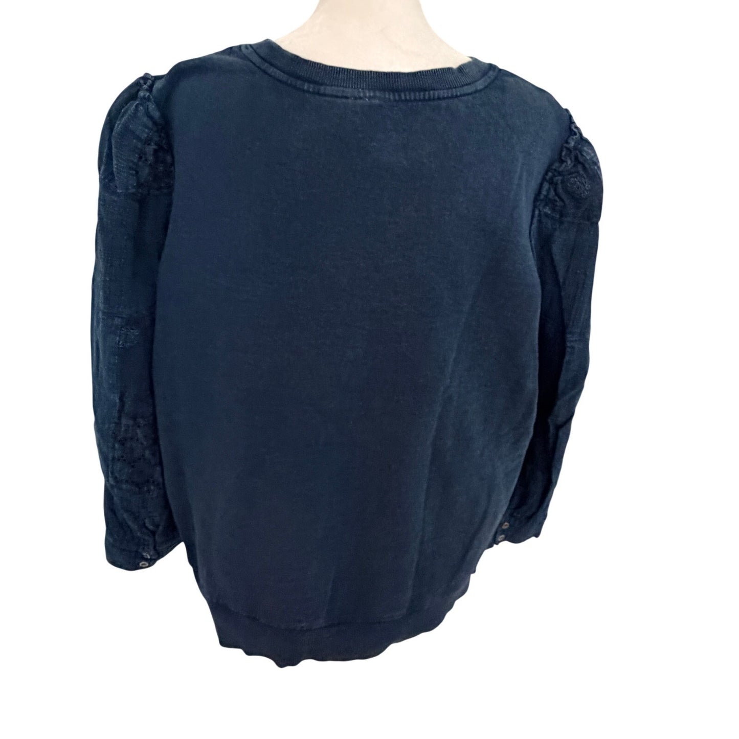 Pilcro Anthropologie Navy Blue Pullover Top Gauzy Eyelet Sleeve Women Size Large