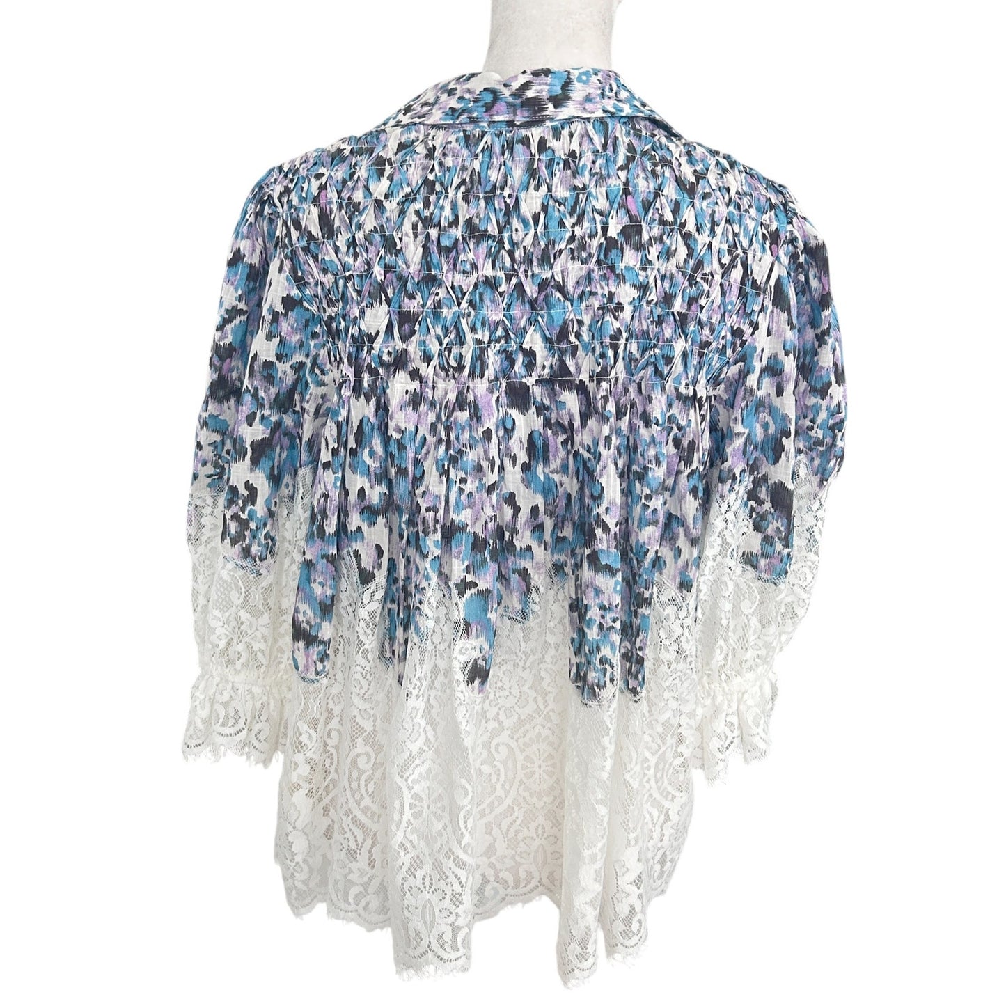 Anthropologie Purple, Blue, Black Animal Print Lace Boho Top Womens Size Medium