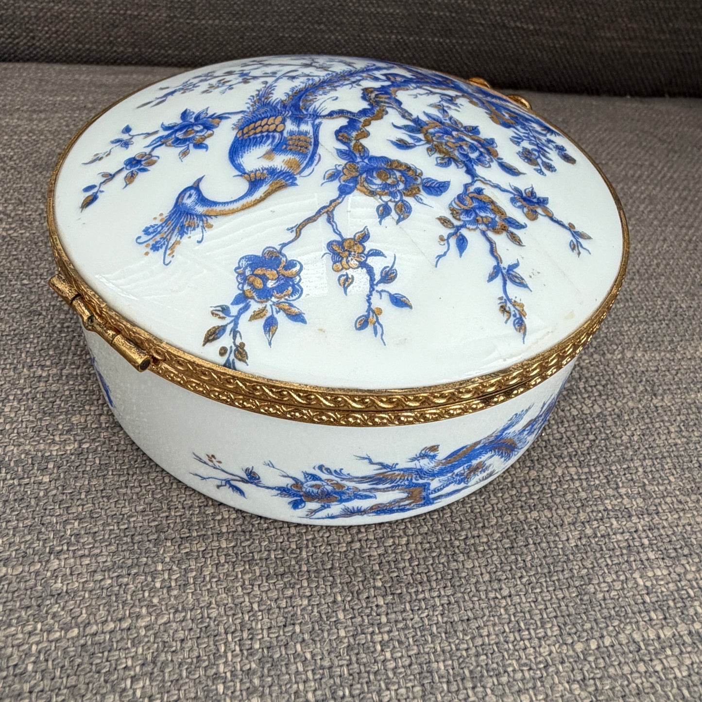 Limoges France Blue, White, Gold Peacock 4" Round Hinged Trinket / Jewelry Box