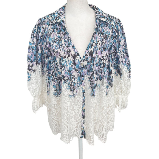 Anthropologie Purple, Blue, Black Animal Print Lace Boho Top Womens Size Medium
