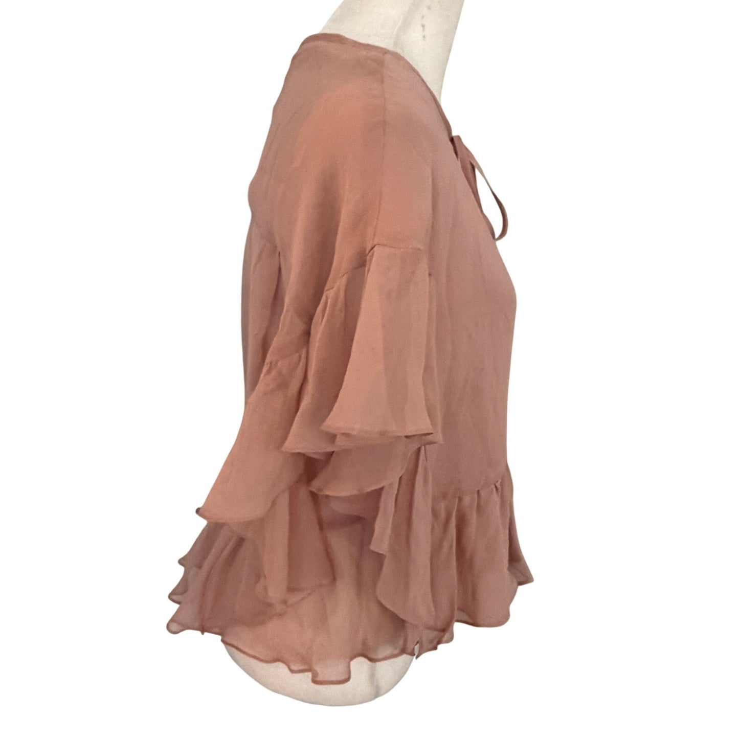 Rachel Comey Dusty Pink 100% Silk Sheer V-Neck Ruffled Blouse Womens Size 6