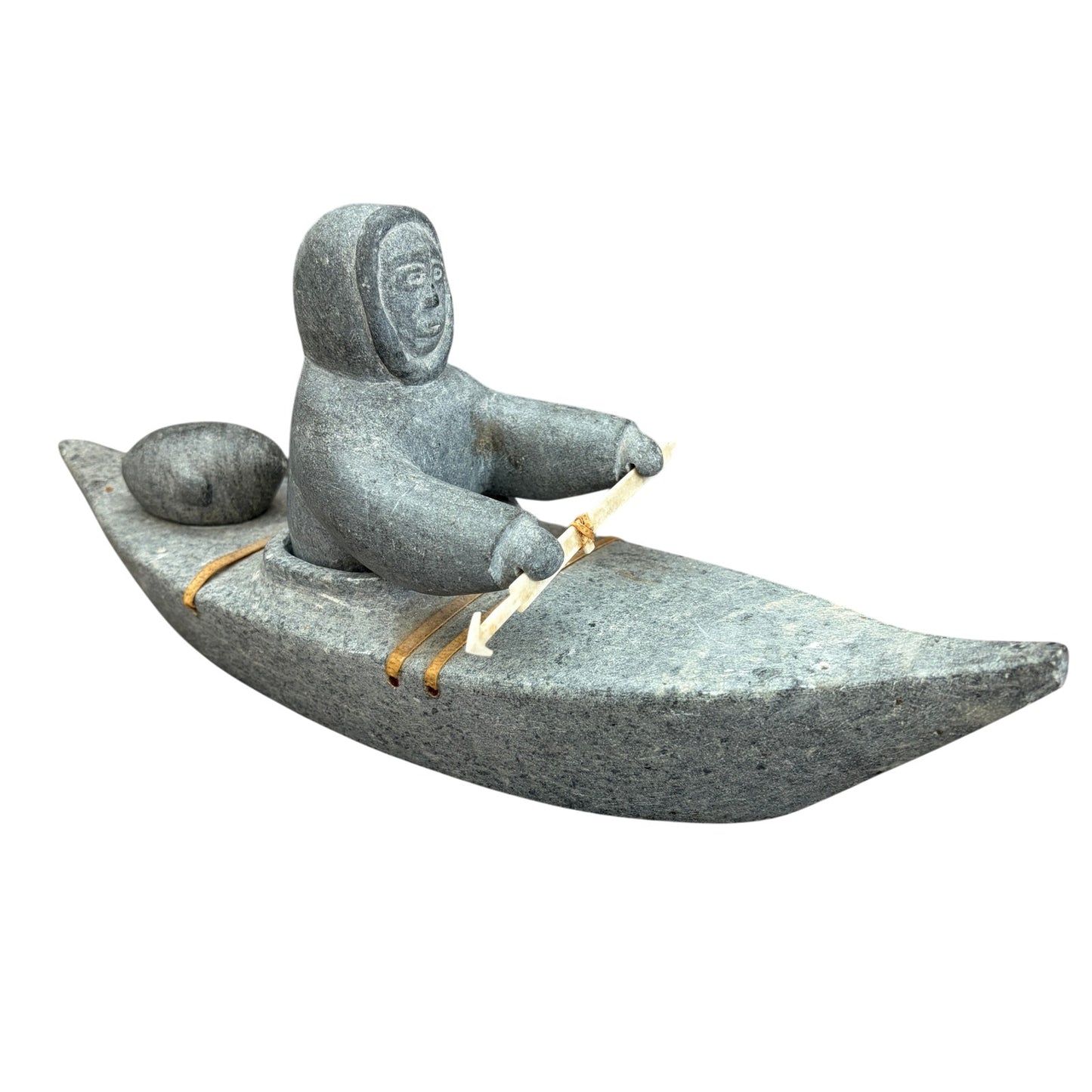 Vintage Inuit Gray Soapstone Man in Boat Figure Sculpture Eskimo Art Signed